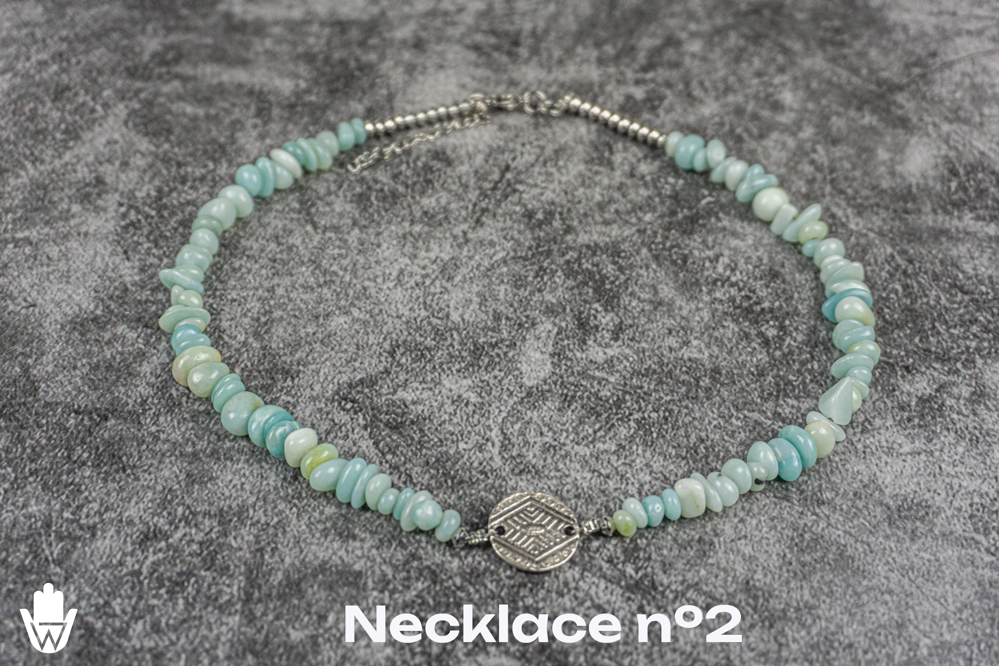 amazonite chips necklae with stainless steel details and a central silver coin- wander jewellery