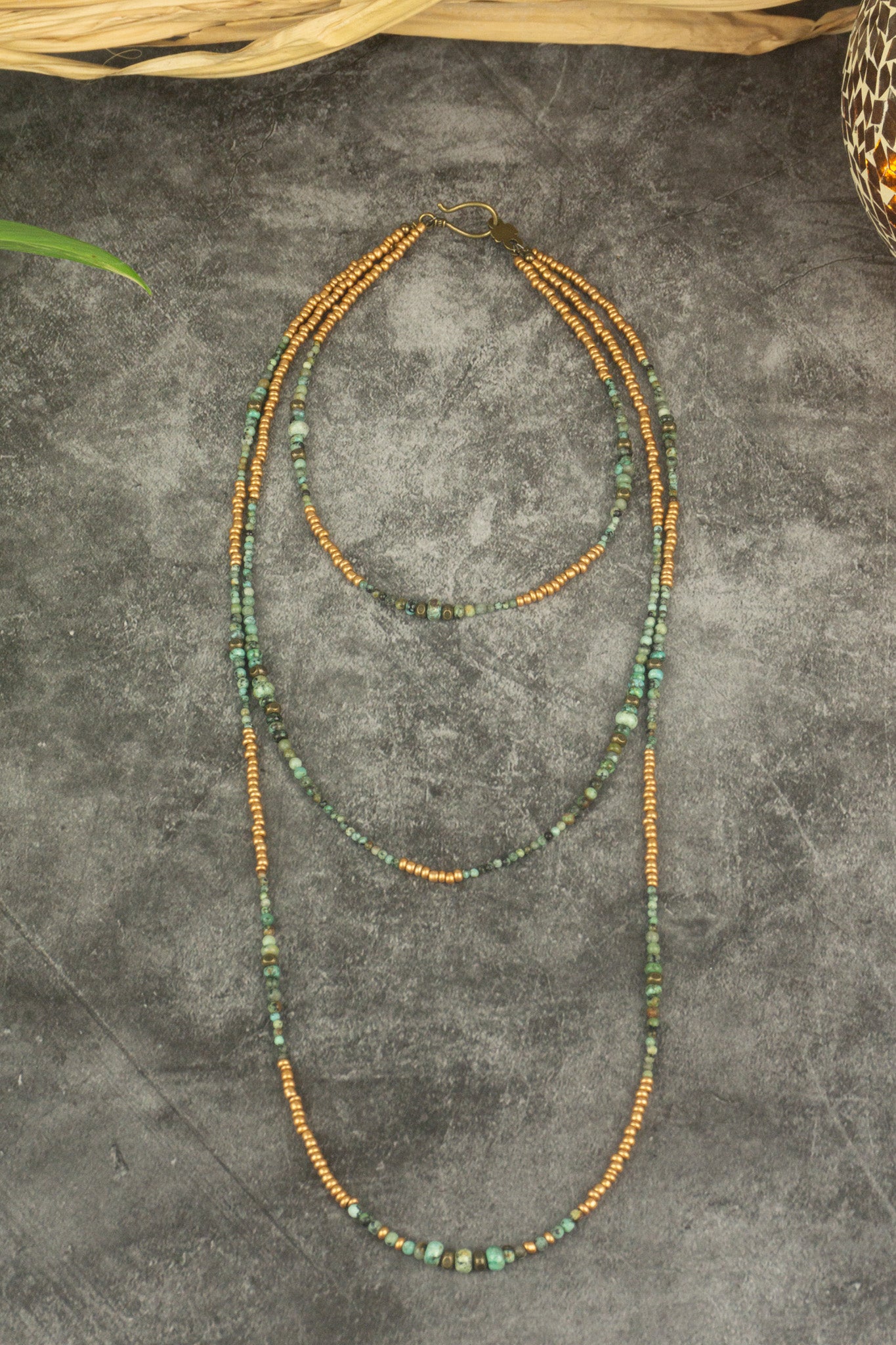 boho chic 3 layers necklace with african turquoise gemstones and antique golden beads- wander jewellery
