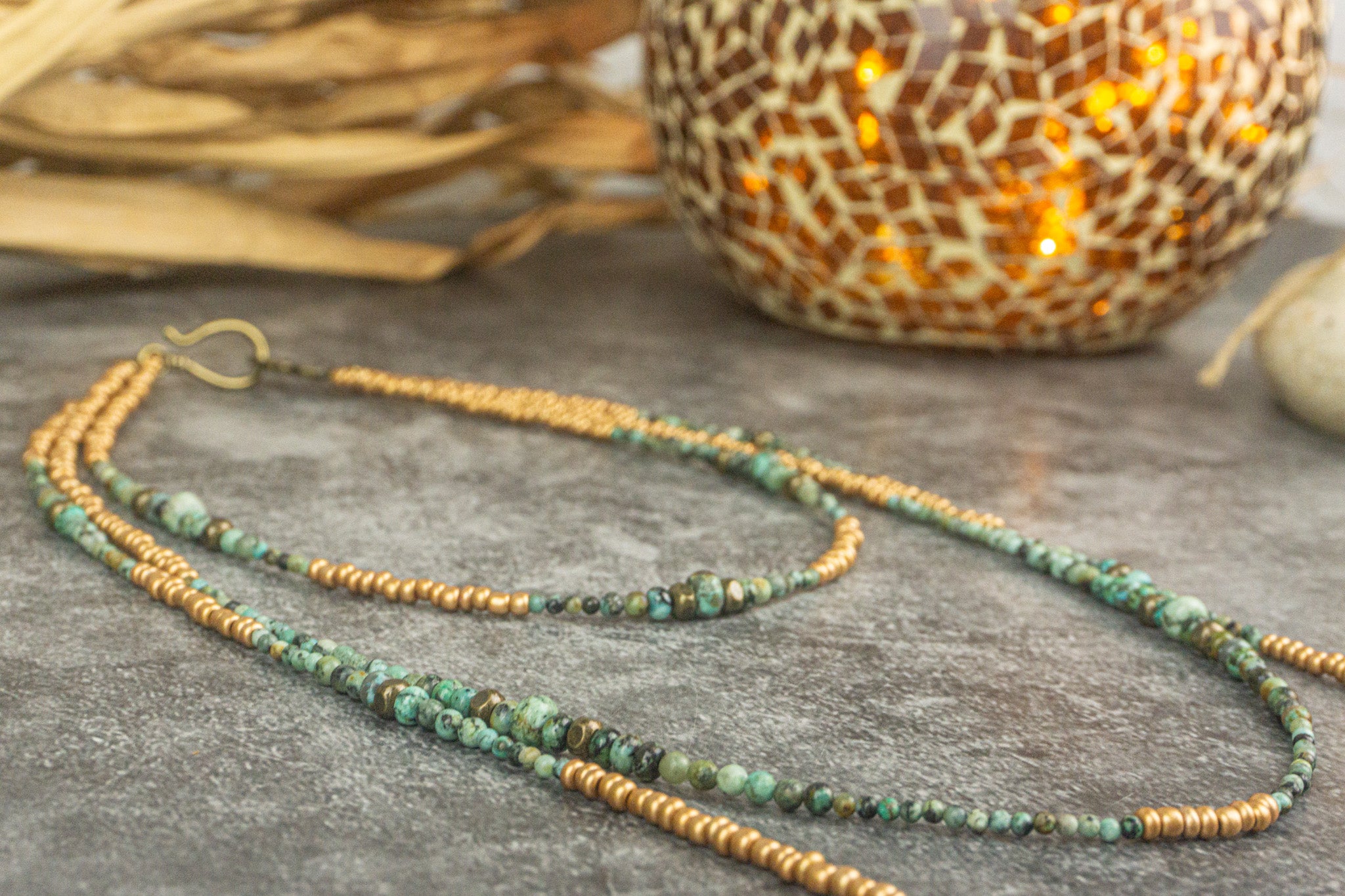 boho chic extra long 3 layers necklace set with african turquoise gemstones and antique golden beads- wander jewellery