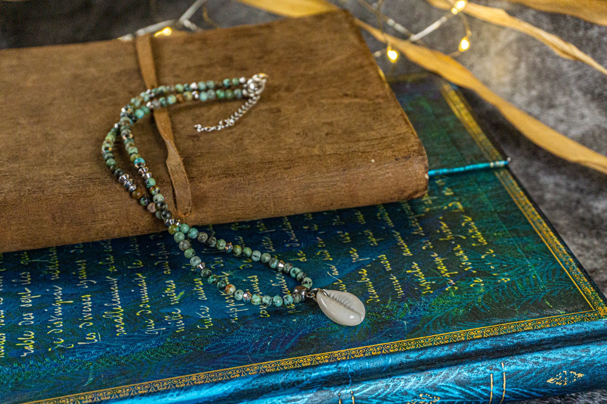  jasper gemstone beaded choker necklace with cowrie shell pendant- wander jewellery