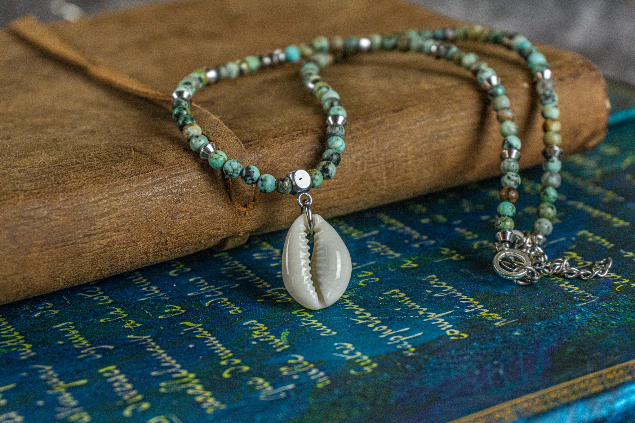 african turquoise jasper gemstone beaded choker necklace with cowrie shell pendant- wander jewellery