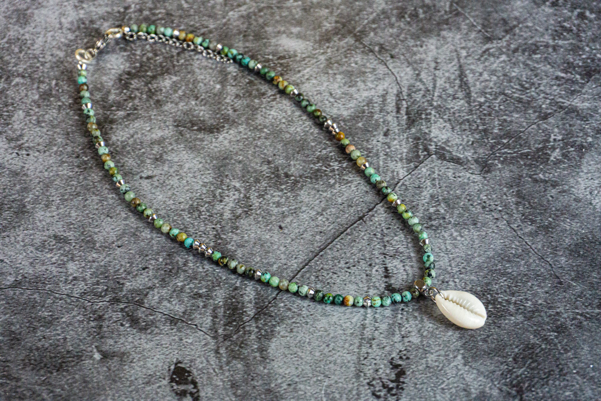 green african turquoise jasper gemstone beaded choker necklace with cowrie shell pendant- wander jewellery