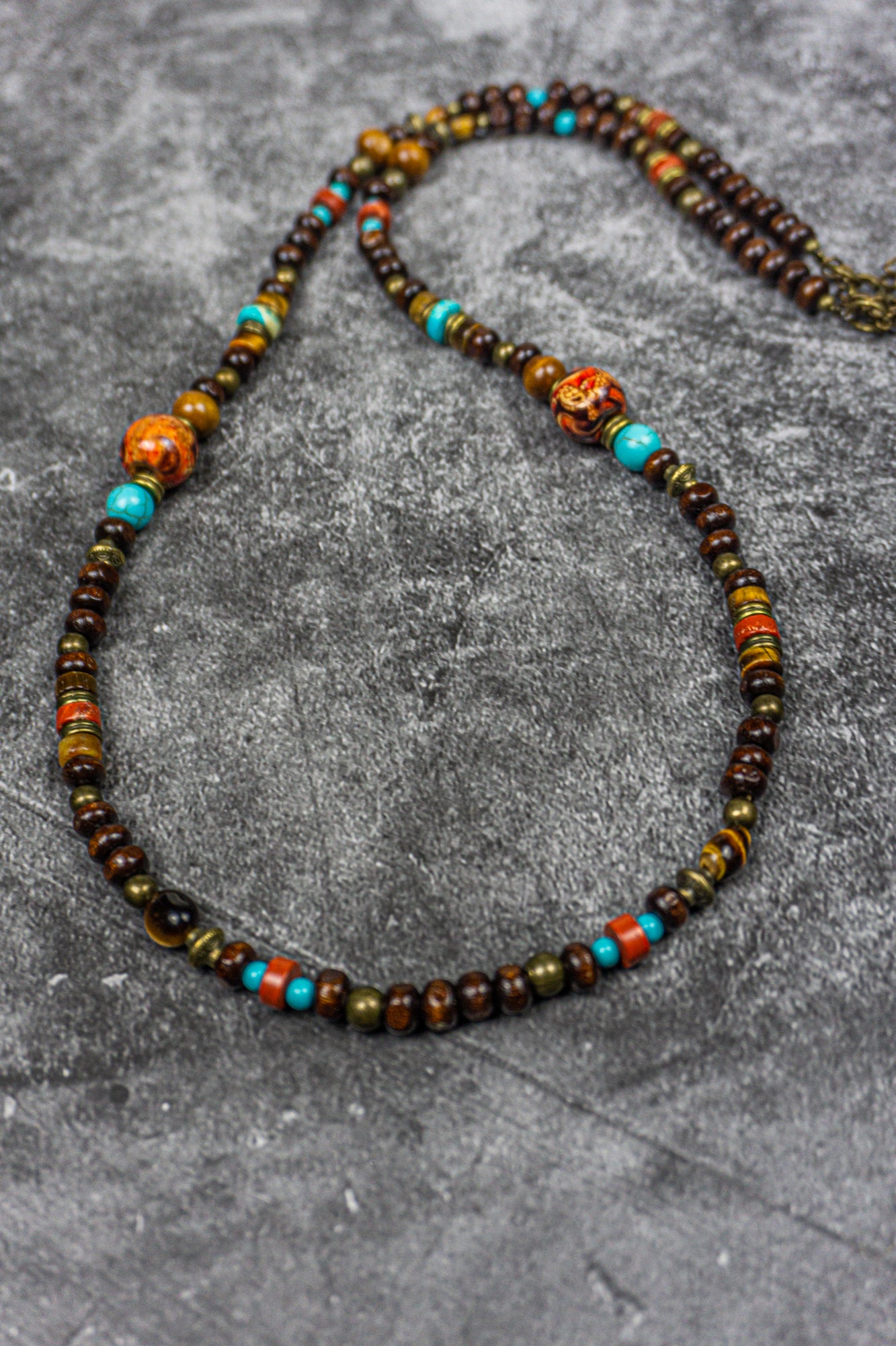 long boho wooden necklace with tiger eye, turquoise and red jasper gemstone beads- wander jewellery