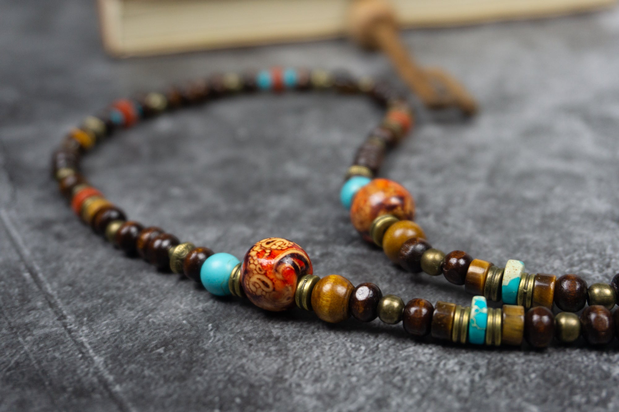 long boho wooden necklace with tiger eye, turquoise and red jasper gemstone - wander jewellery