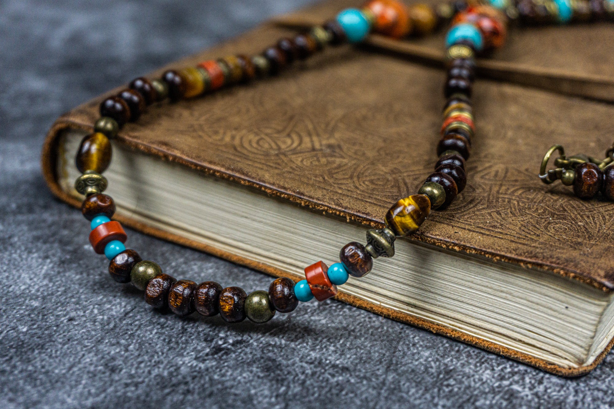 wooden necklace with tiger eye, turquoise and red jasper gemstone beads- wander jewellery