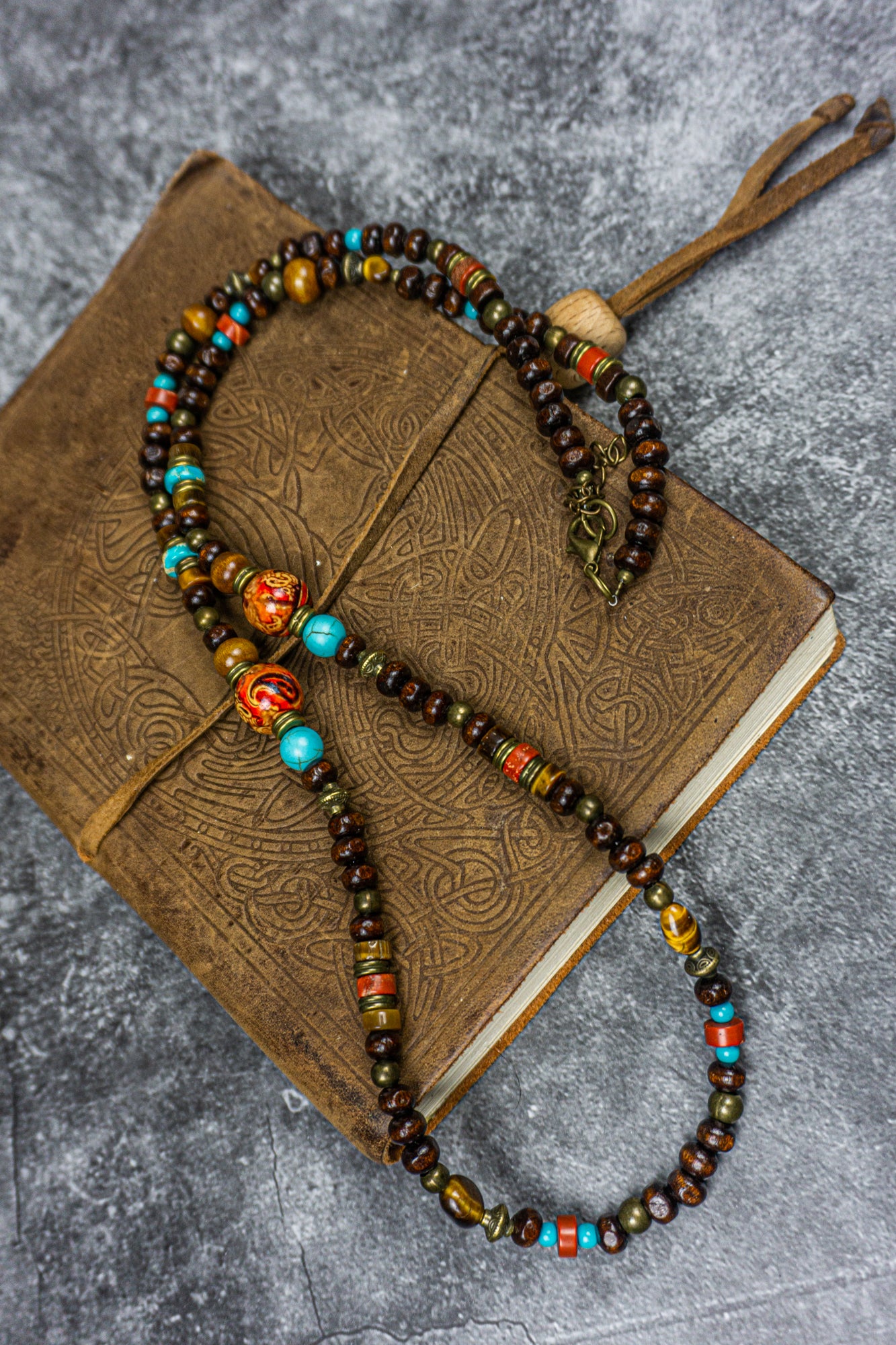 boho wood necklace with tiger eye, turquoise and red jasper gemstone beads- wander jewellery