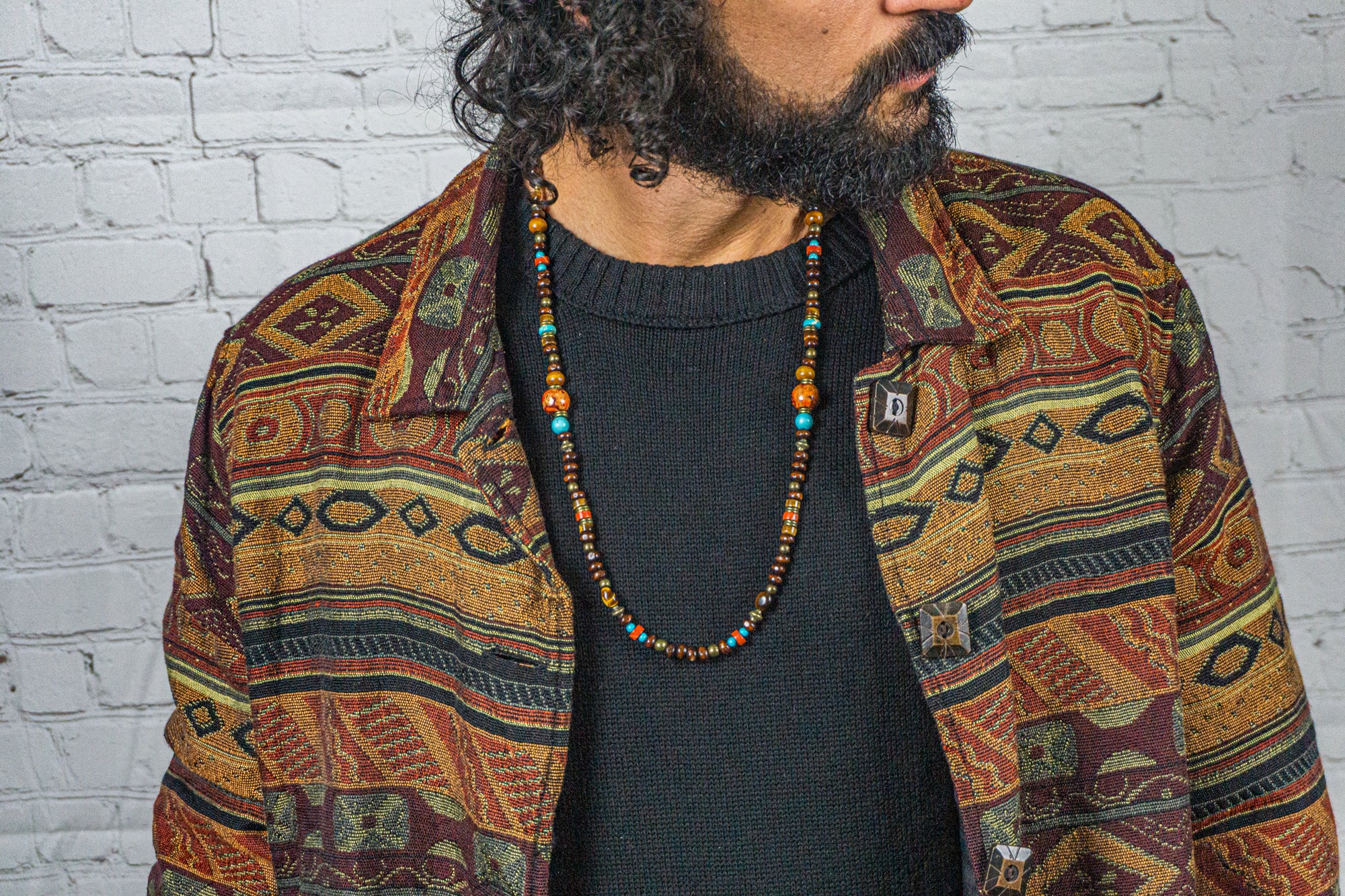 Mens long boho wooden necklace with tiger eye, turquoise and red jasper gemstone beads- wander jewellery