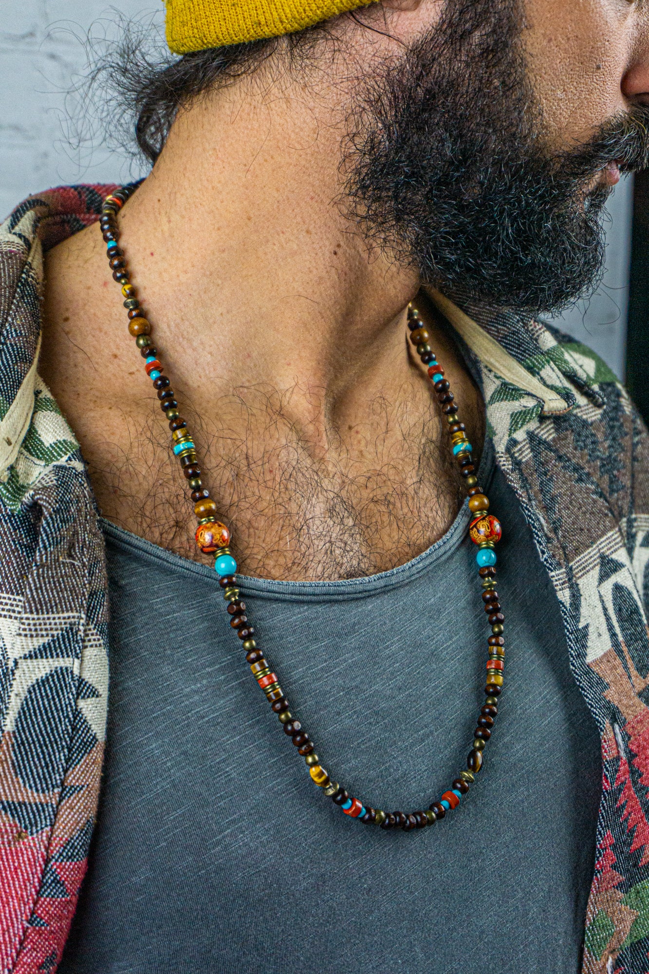 Mens boho wooden necklace with tiger eye, turquoise and red jasper gemstone beads- wander jewellery