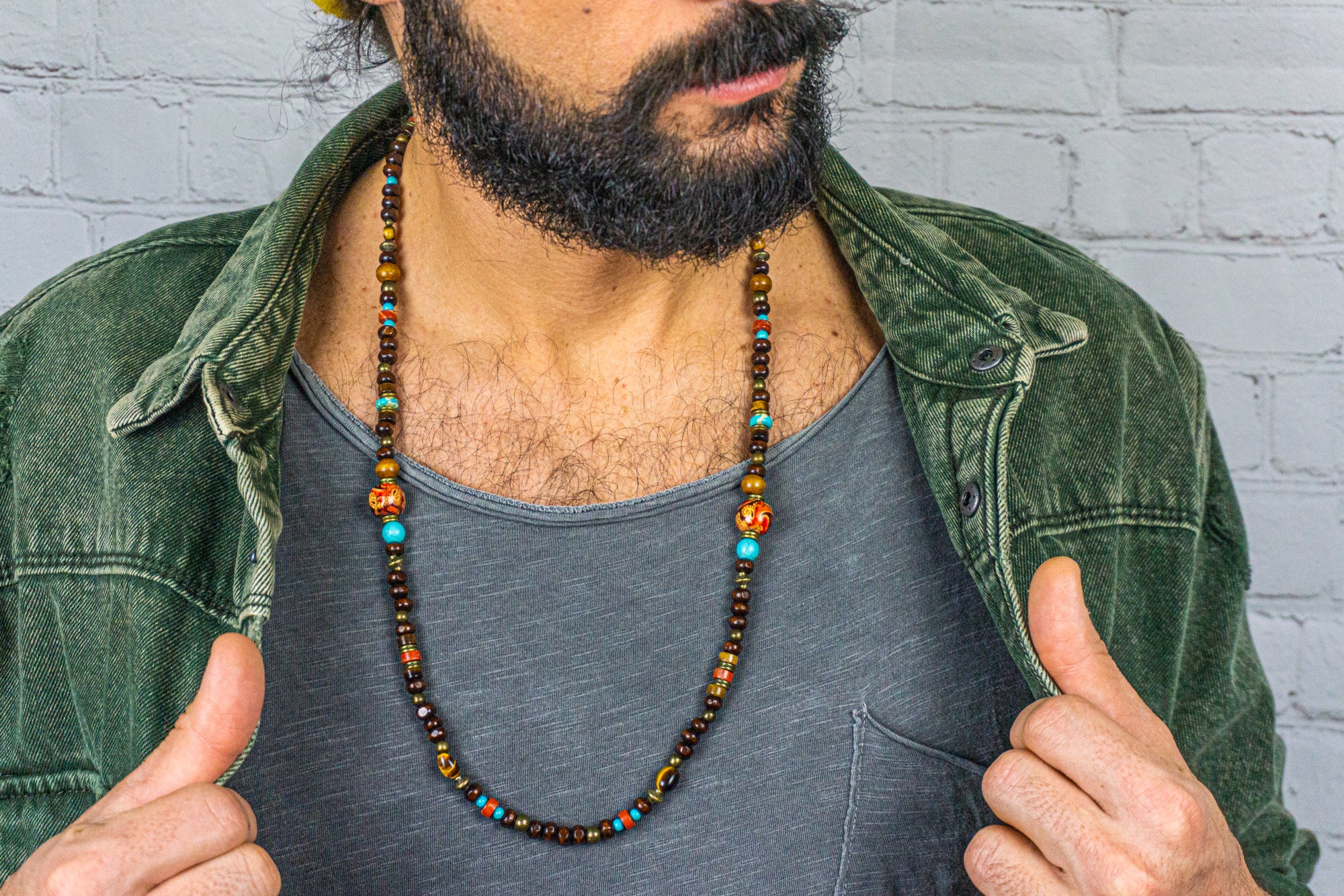 Mens wooden necklace with tiger eye, turquoise and red jasper gemstone beads- wander jewellery