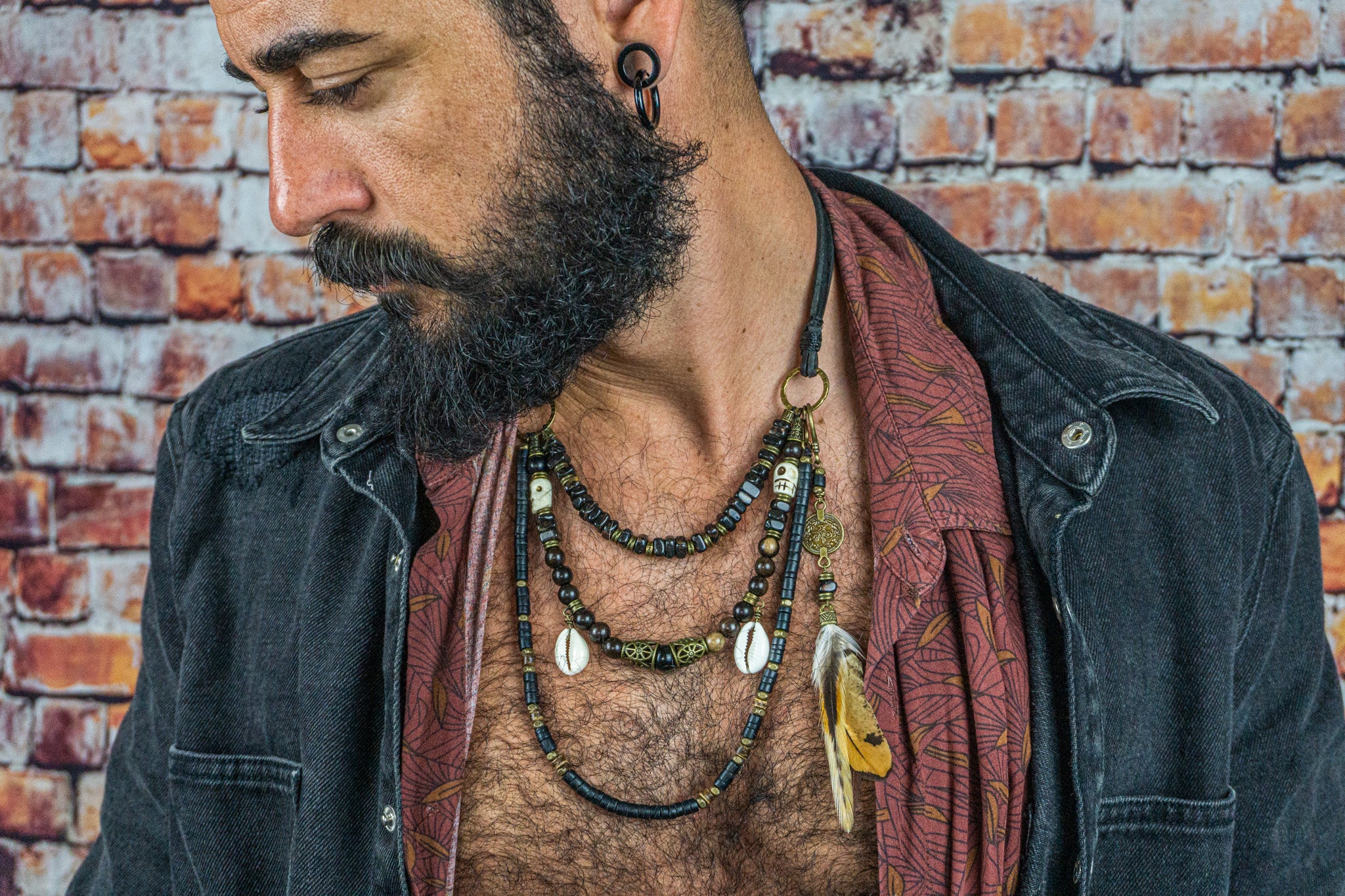 mens blacklayered necklace set with skull shell and feathers- wander jewellery