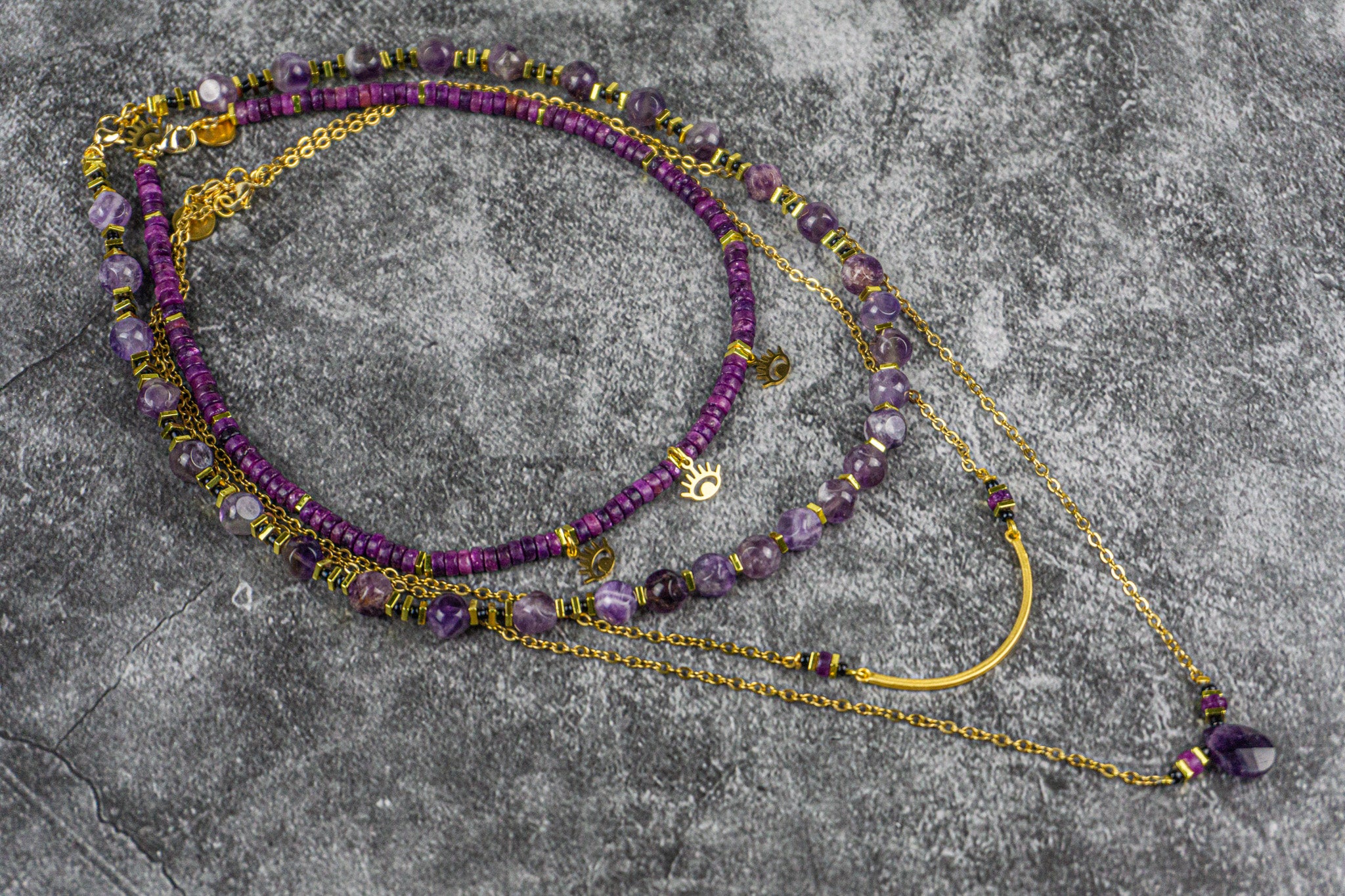 necklace set of 4 with Purple amethyst and lepidolite gemstones and golden stainless steel chain with pendant