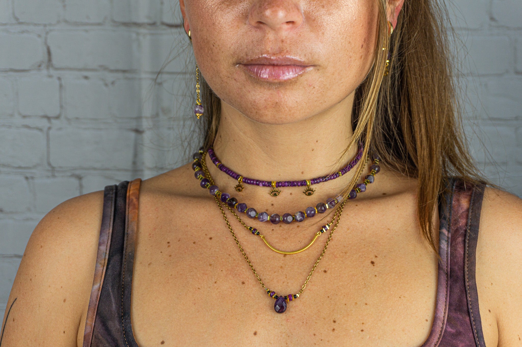 womens boho chic necklace set of 4 with Purple amethyst and lepidolite gemstones and golden stainless steel chain with pendant