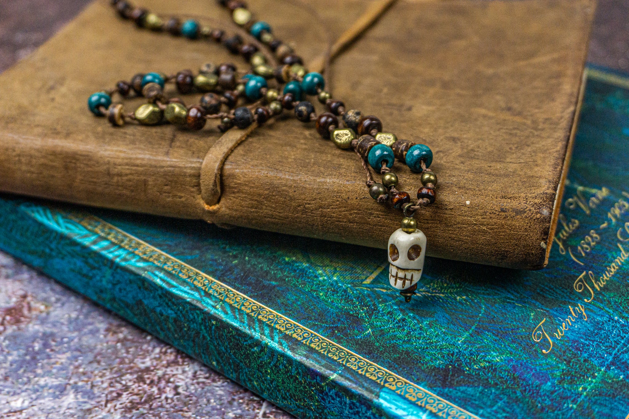 wood agate and brass and beaded adjustable necklace with skull pendant- wander jewellery