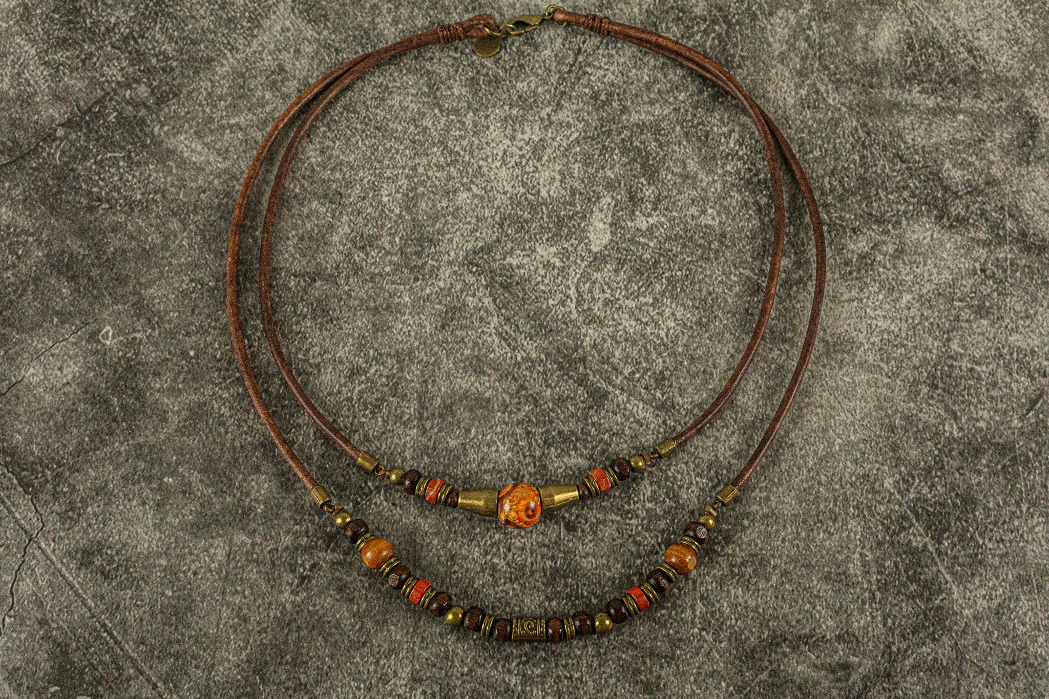 leather boho necklace set made of two layered wooden beaded necklace with bronze and red agate gemstone details- wander jewellery