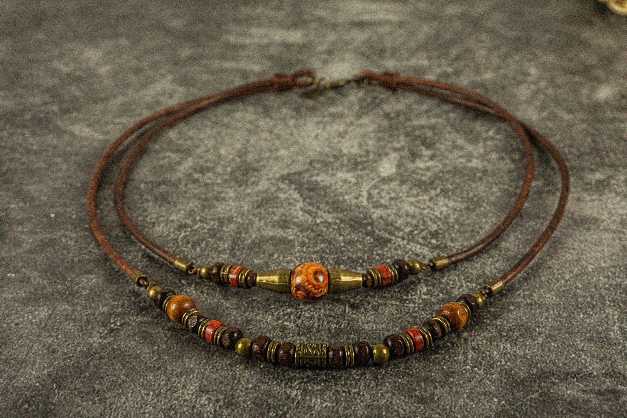 leather necklace set made of two layered wooden beaded necklace with bronze and red agate - wander jewellery