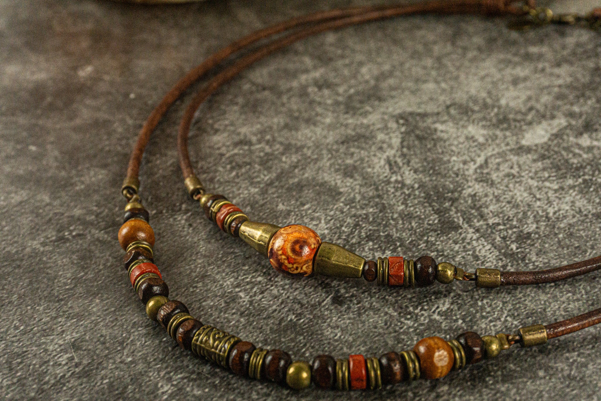 leather boho necklace set made of two layered colorful wooden beaded necklace with bronze and red agate gemstone details- wander jewellery
