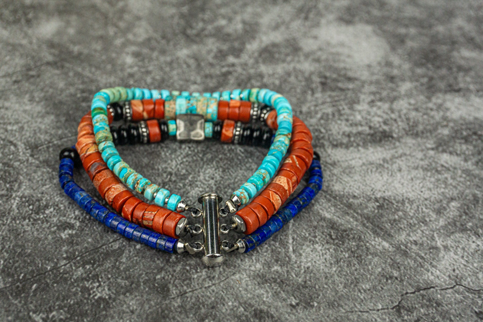 red and blue turquoise colorful gemstone three layers bracelet set- wander jewellery