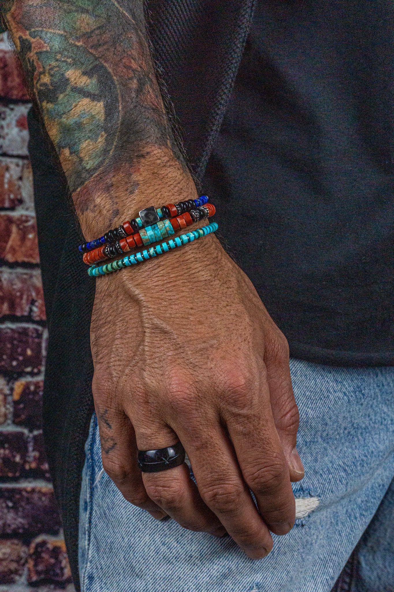 mens colorful gemstone three layering bracelet set- wander jewellery