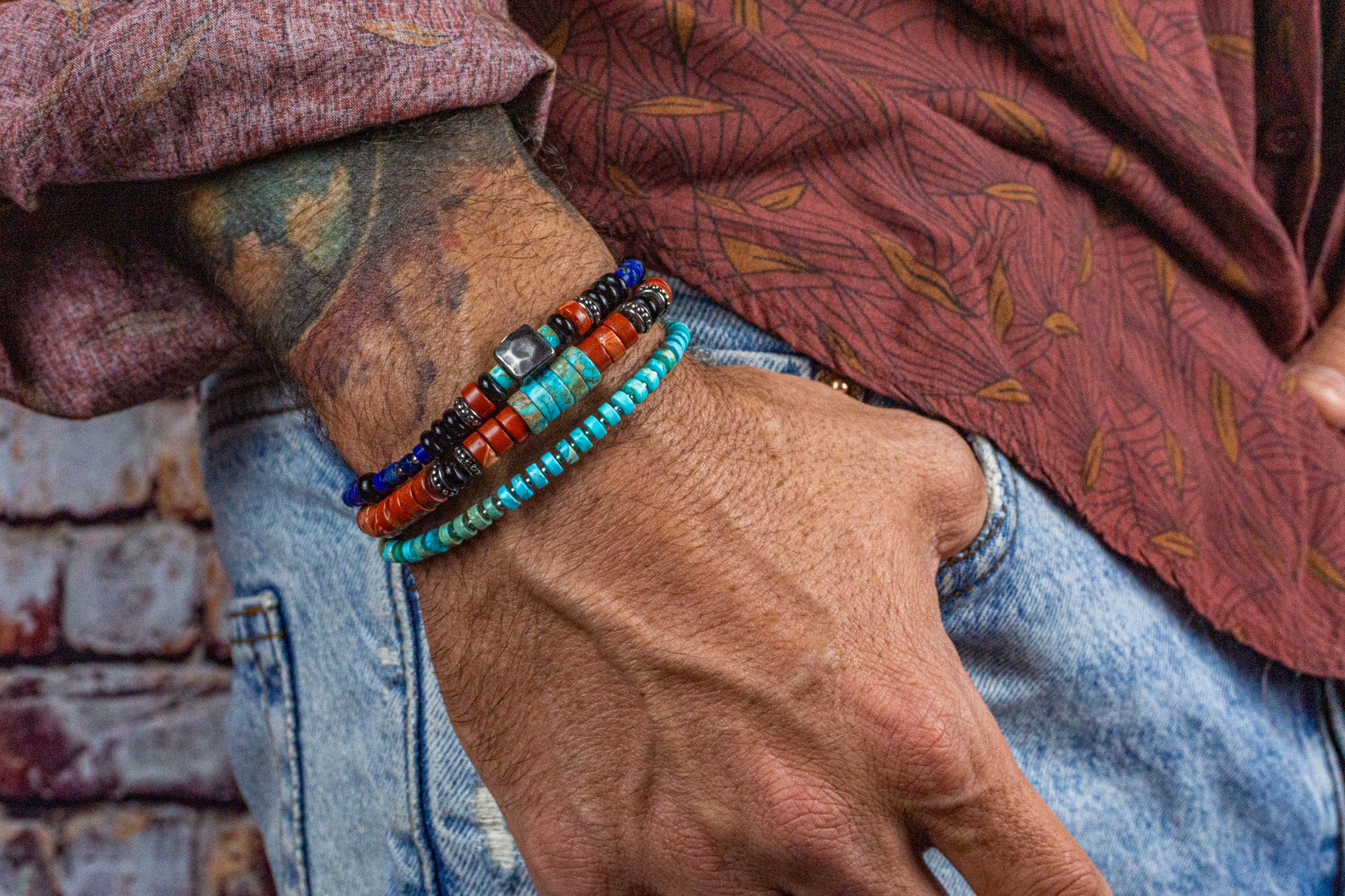 mens colorful gemstone three layers bracelet set- wander jewellery
