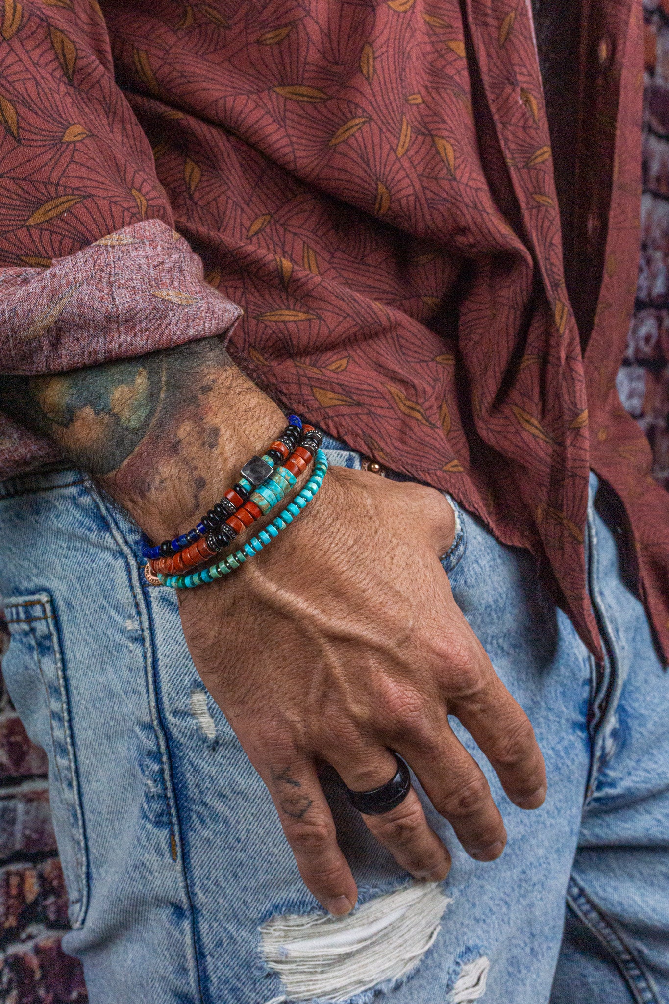 mens colorful gemstone three layer bracelet set- wander jewellery