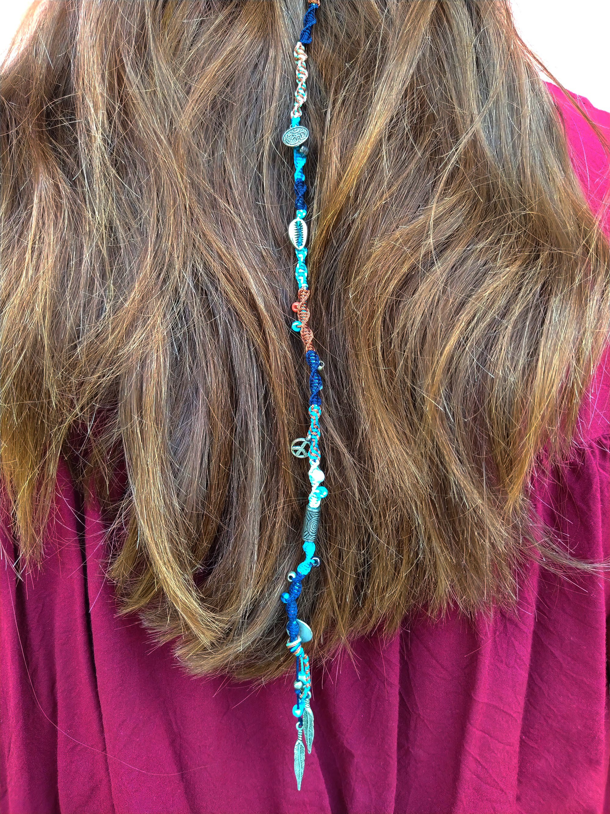 turquoise clip-in hair wrap extension with silver charm and colorful beads- wander jewellery