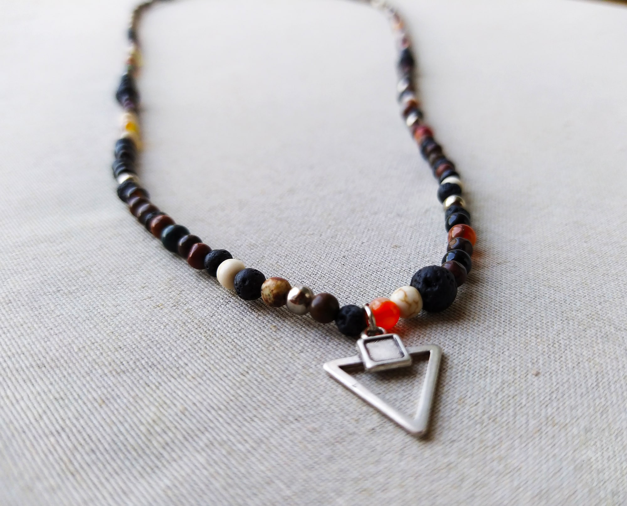 lava beaded necklace with a triangle pendant- wander jewellery