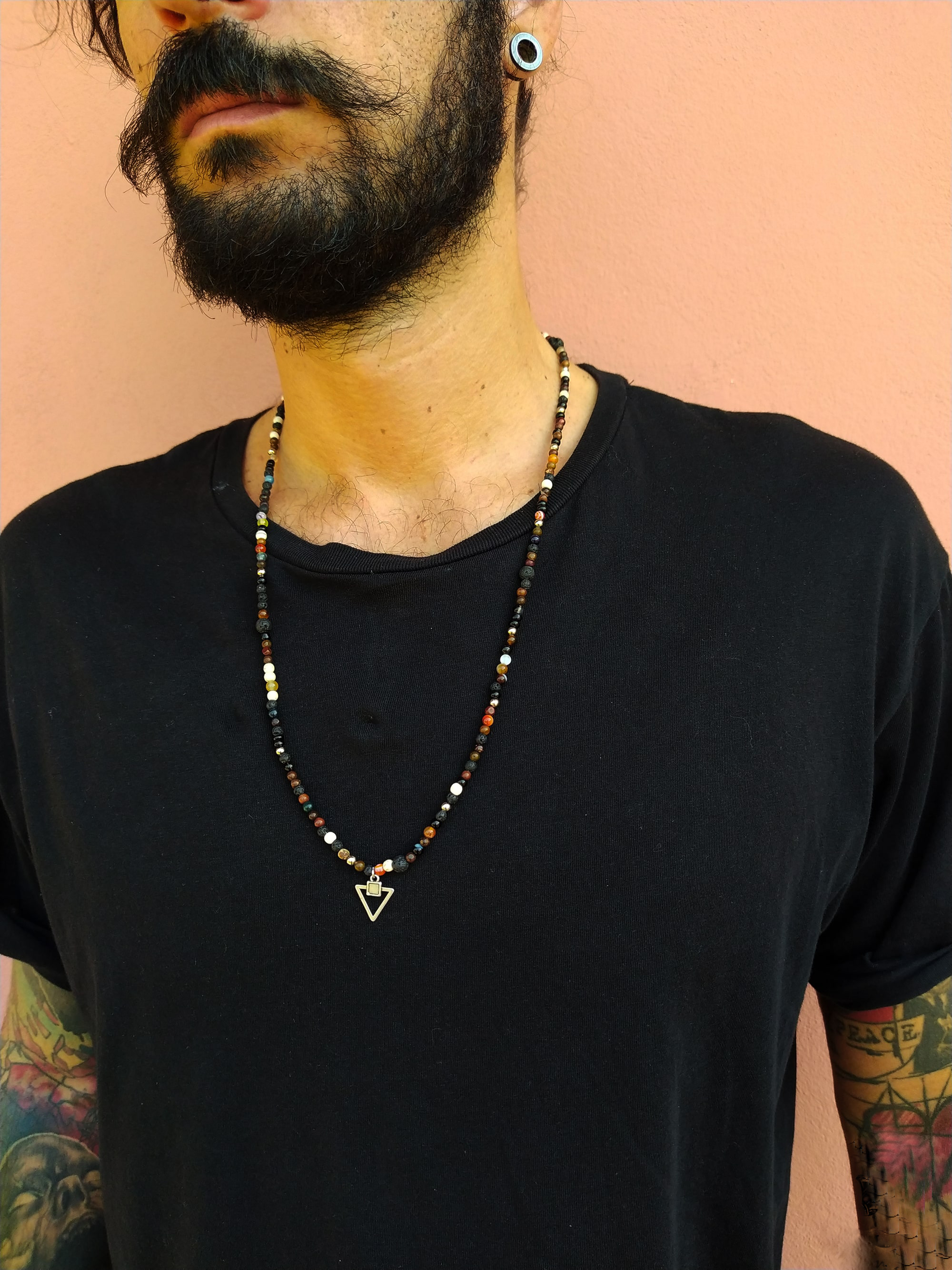 mens lava stone beaded necklace with a triangle small pendant- wander jewellery