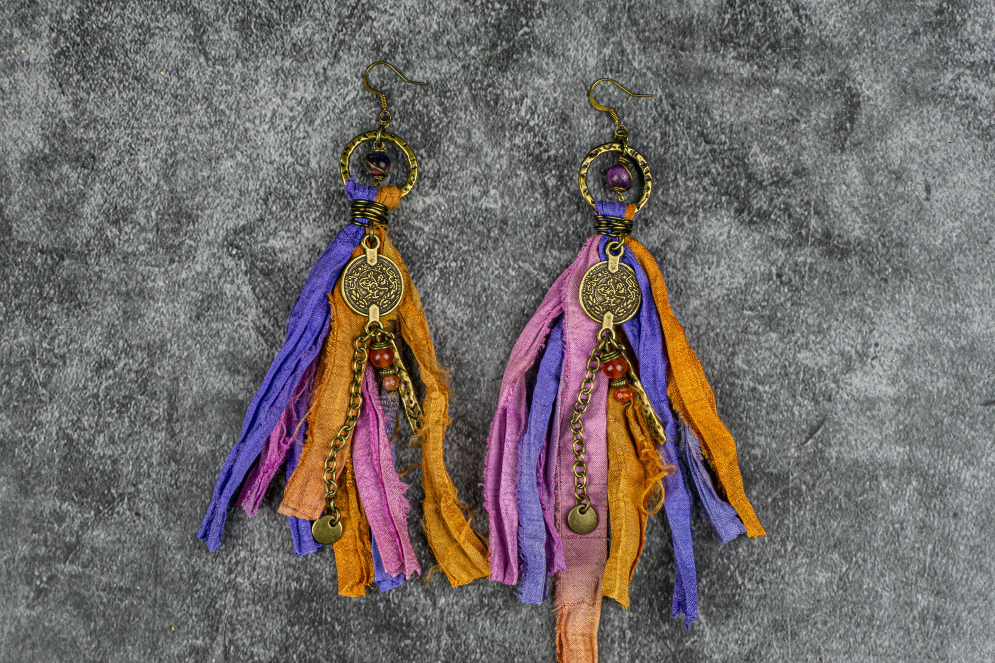 Bohemian colorful silk tassel earrings with purple tiger eye gemstone and agate charms – Wander Jewellery