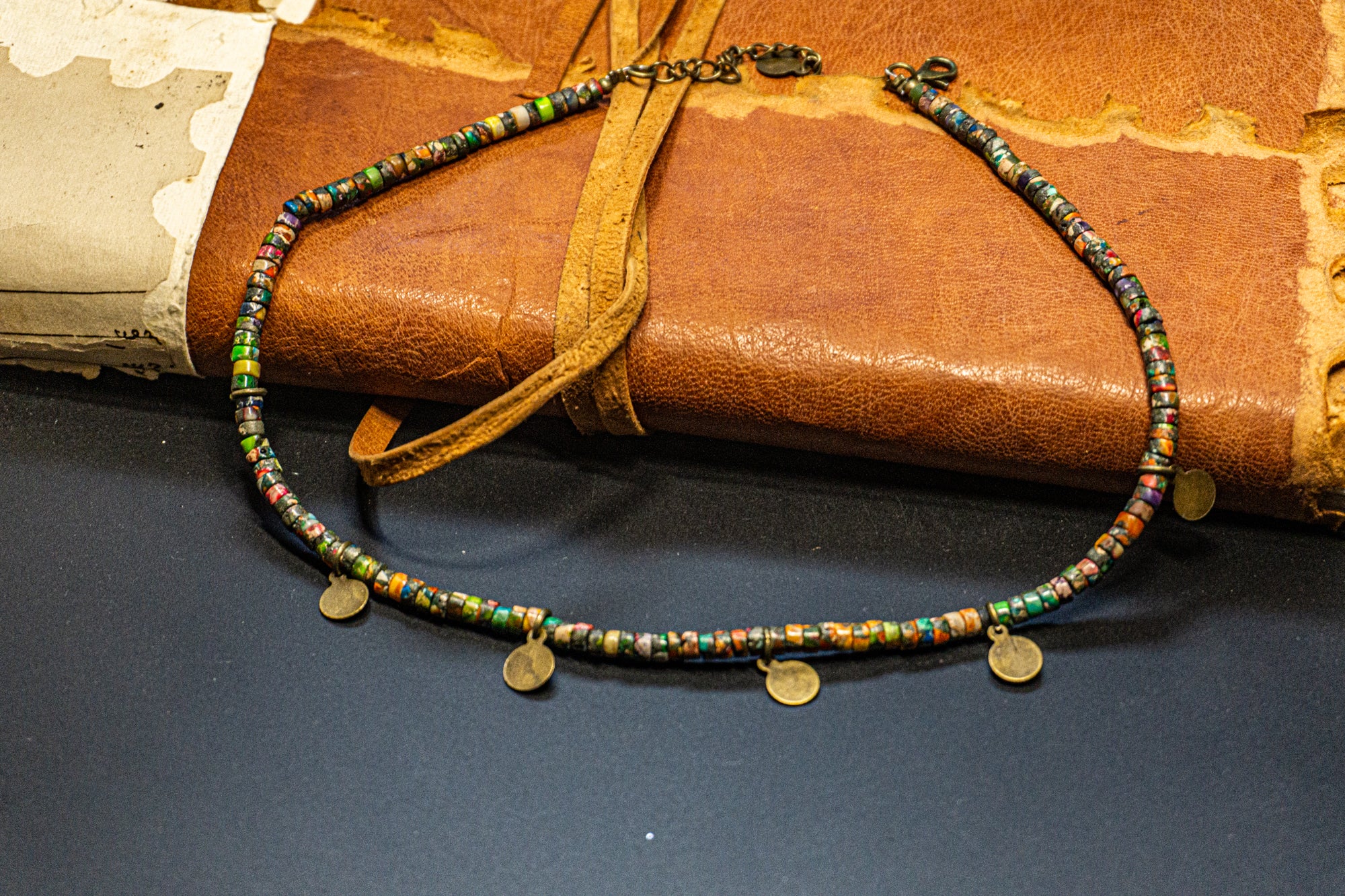 colorful rainbow jasper gemstone choker necklace with coin charms- wander jewellery