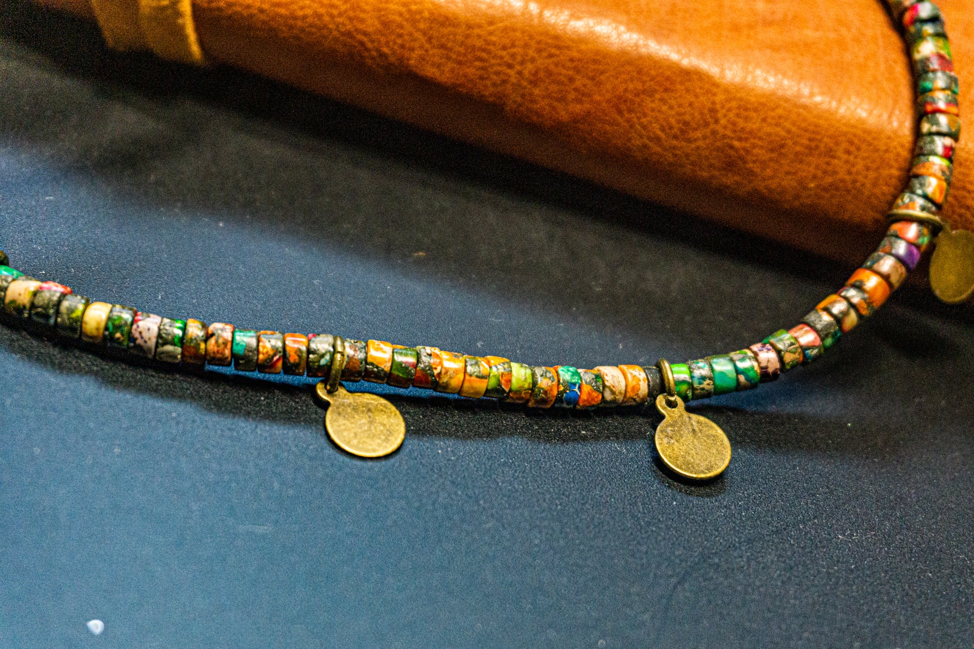 rainbow jasper choker necklace with coin charms- wander jewellery