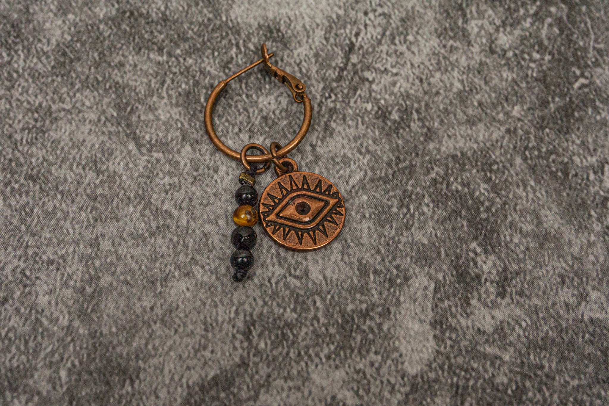 copper hoop earring with dangle evil eye coin and gemstone beads- wander jewellery