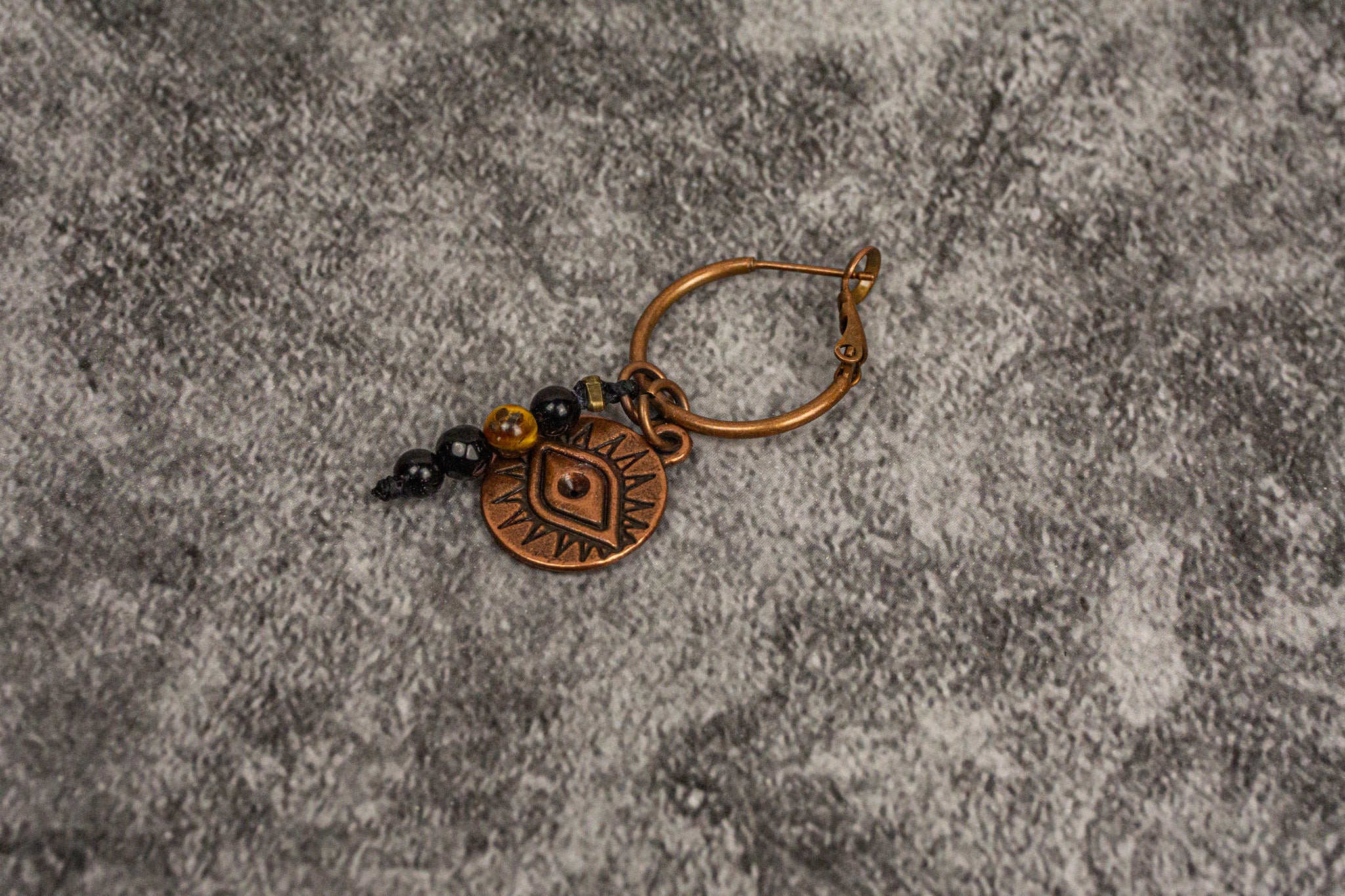 hoop earring with dangle evil eye coin and gemstone beads- wander jewellery