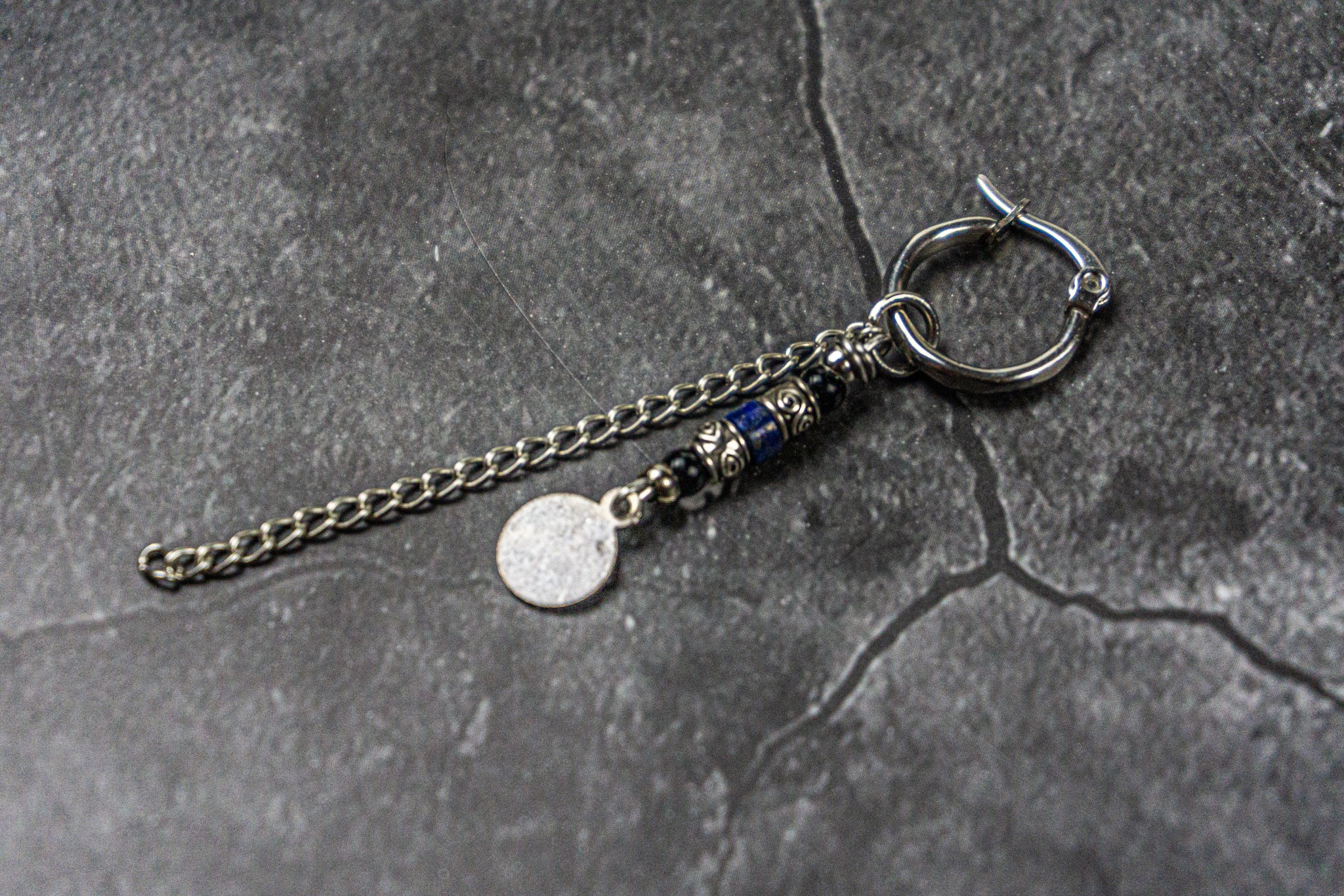 long chain hoop earring with dangle gemstone beads and coin charm- wander jewellery