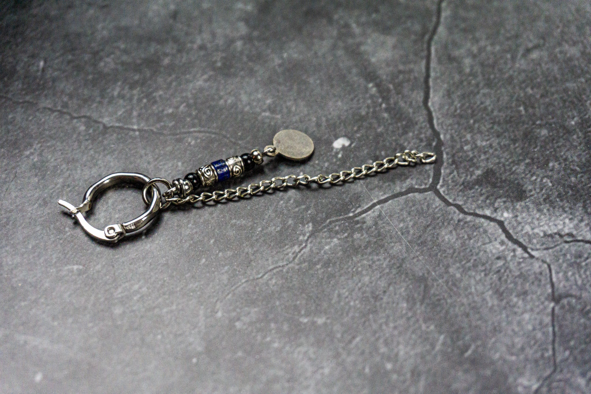 chain hoop earring with dangle gemstone beads and coin charm- wander jewellery