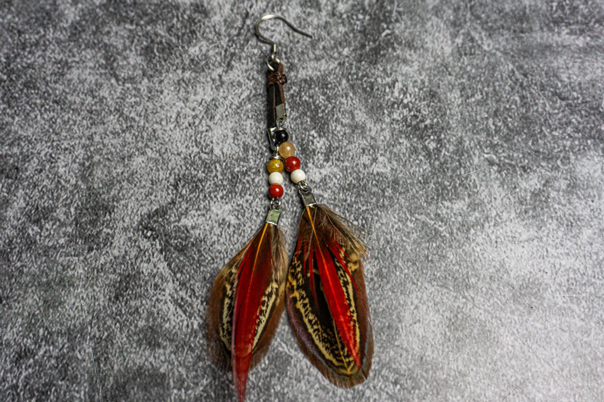 double leather fringes feather earring with beads- wander jewellery