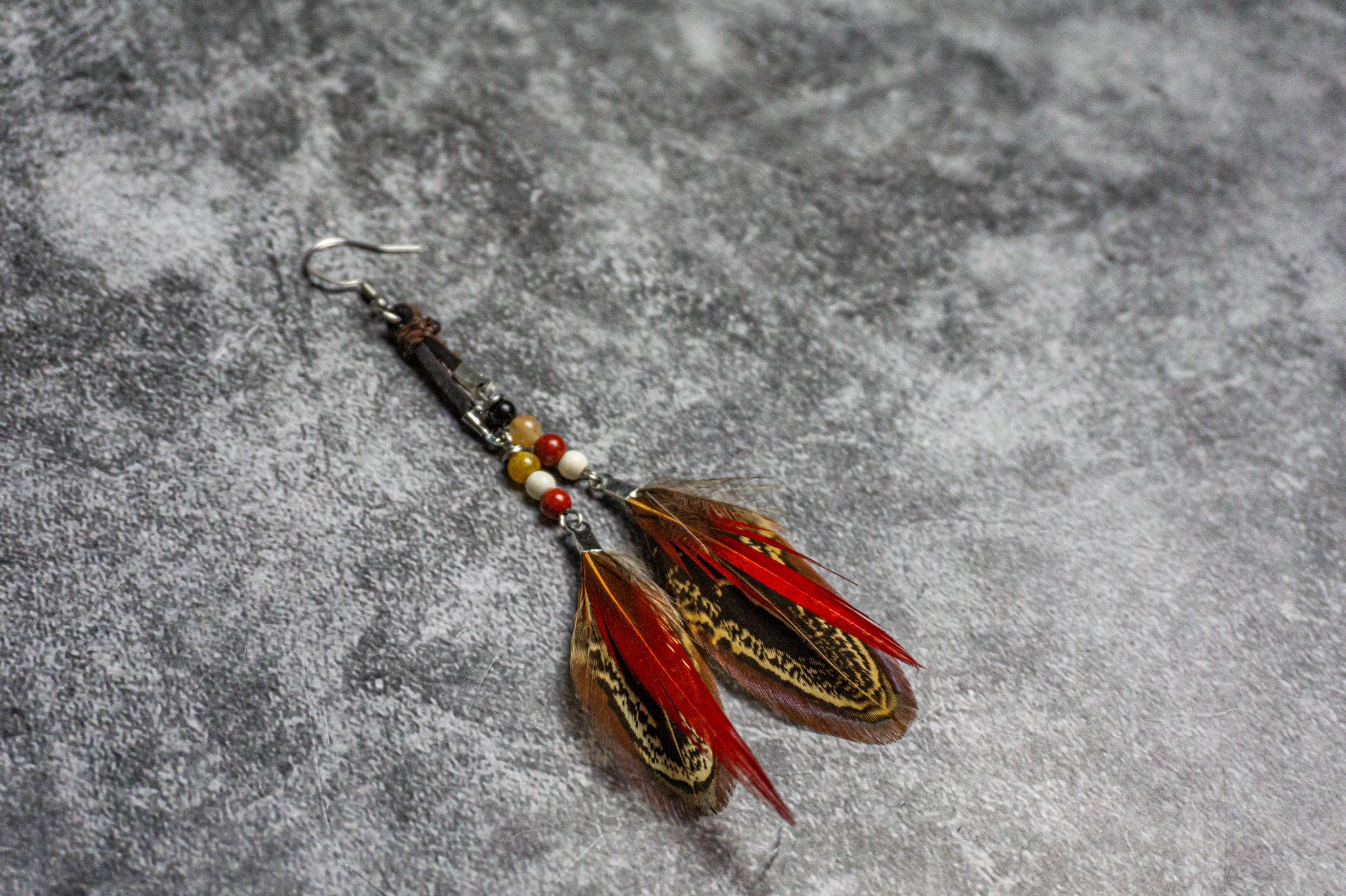 double leather fringes double feather earring with beads- wander jewellery