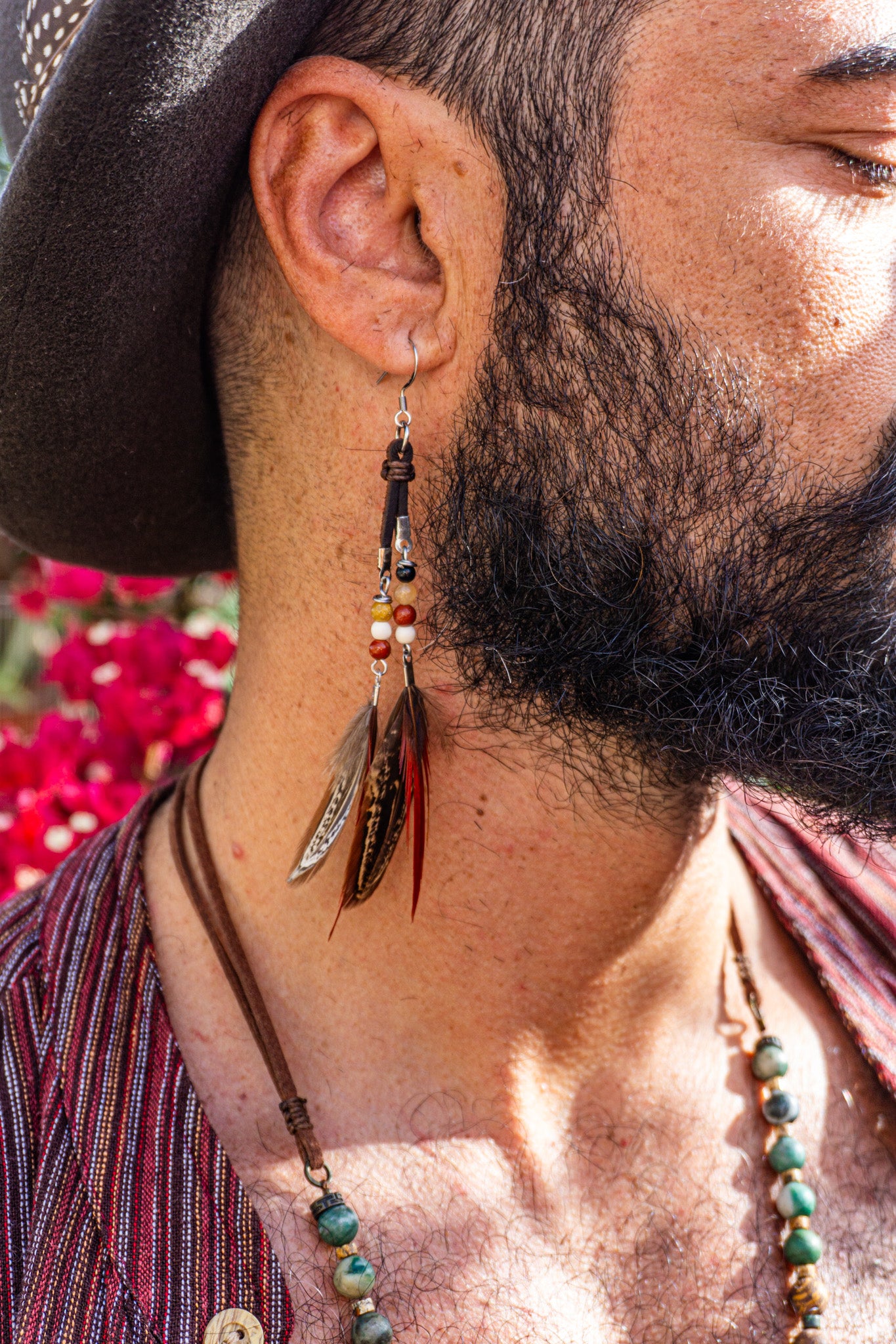 double leather fringes feather earring for men with beads- wander jewellery