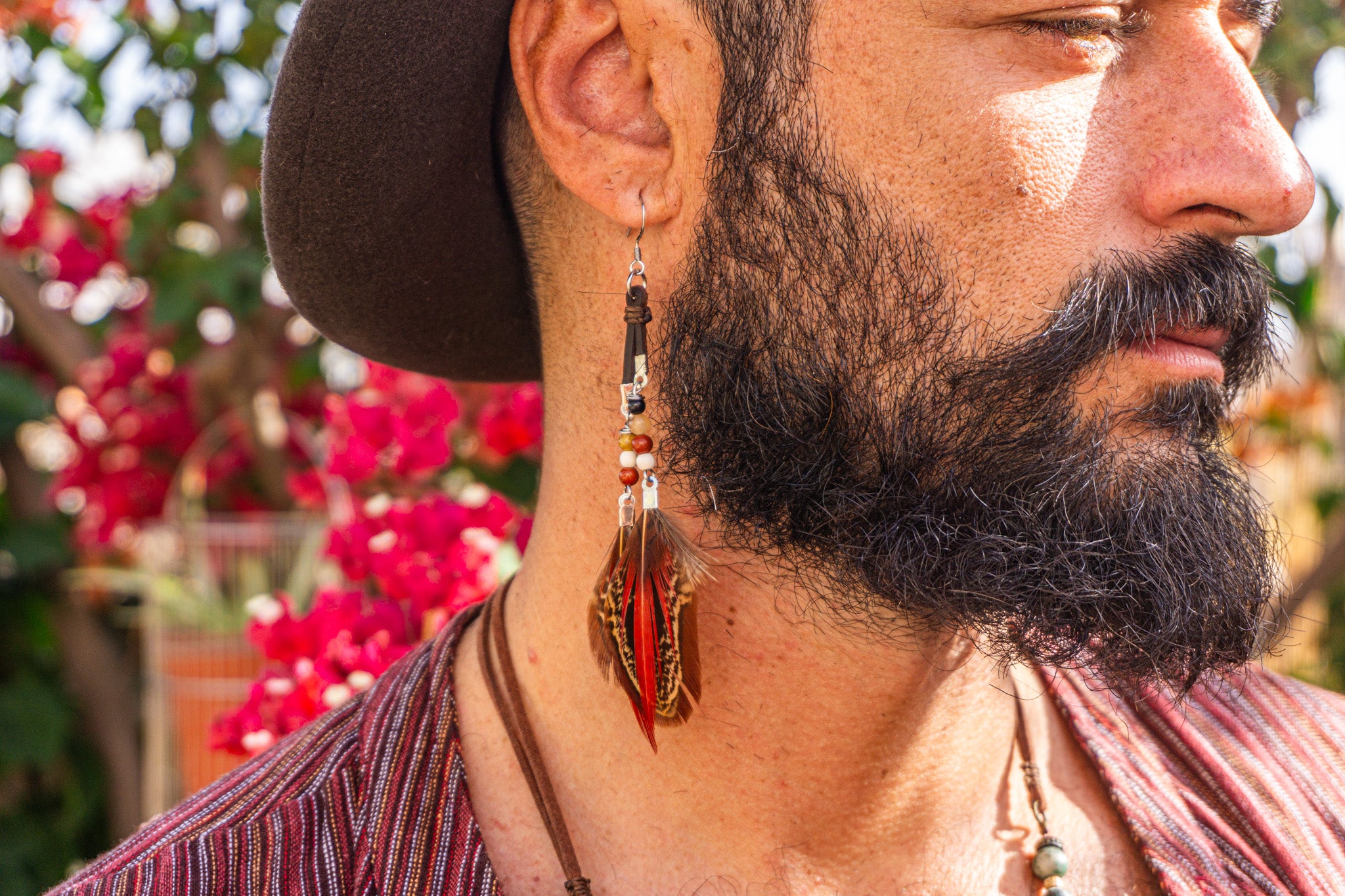 leather fringes feather earring for men with beads- wander jewellery