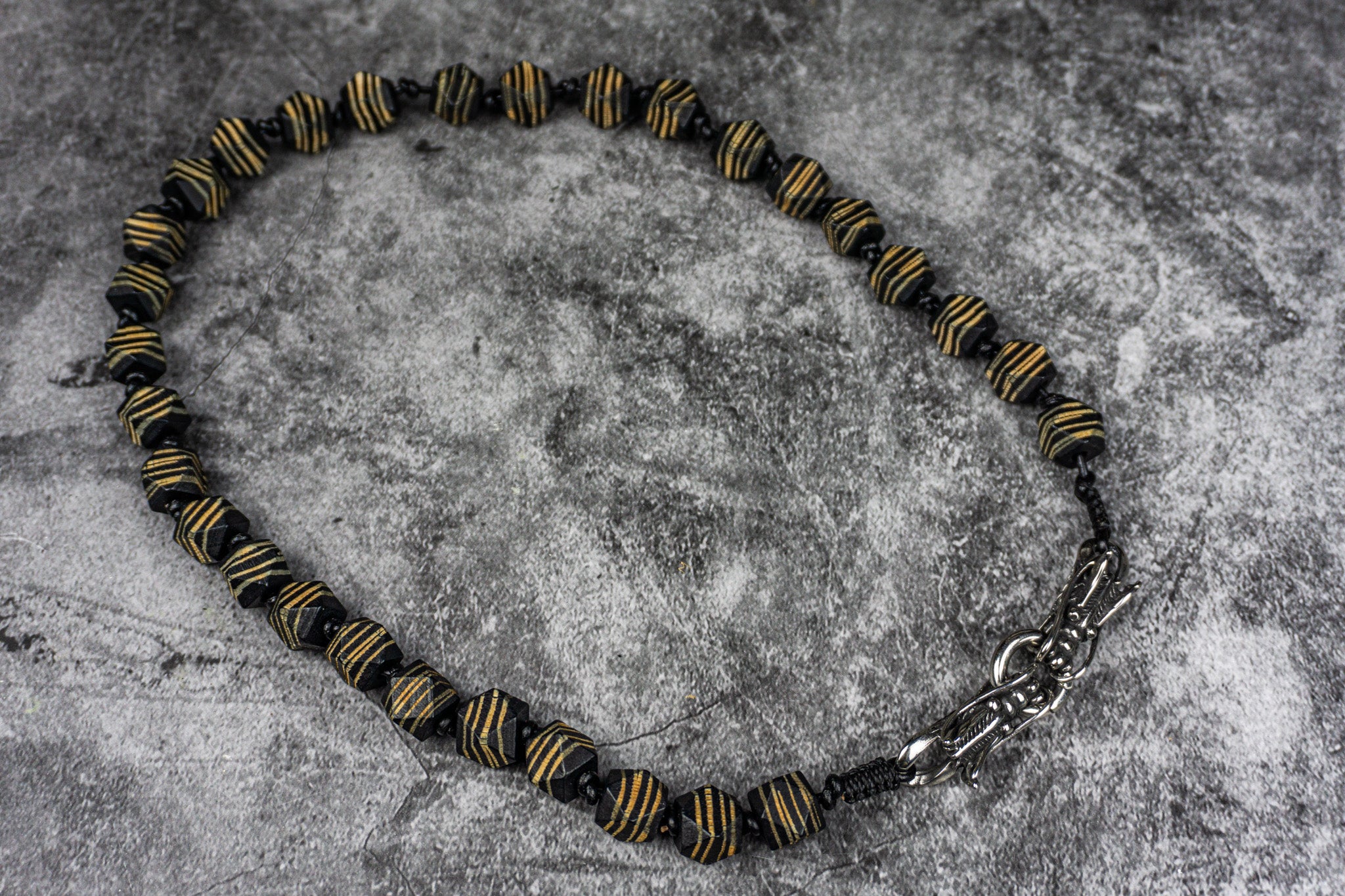 black chunky wooden beaded necklace with stainless steel dragon closure- wander jewellery