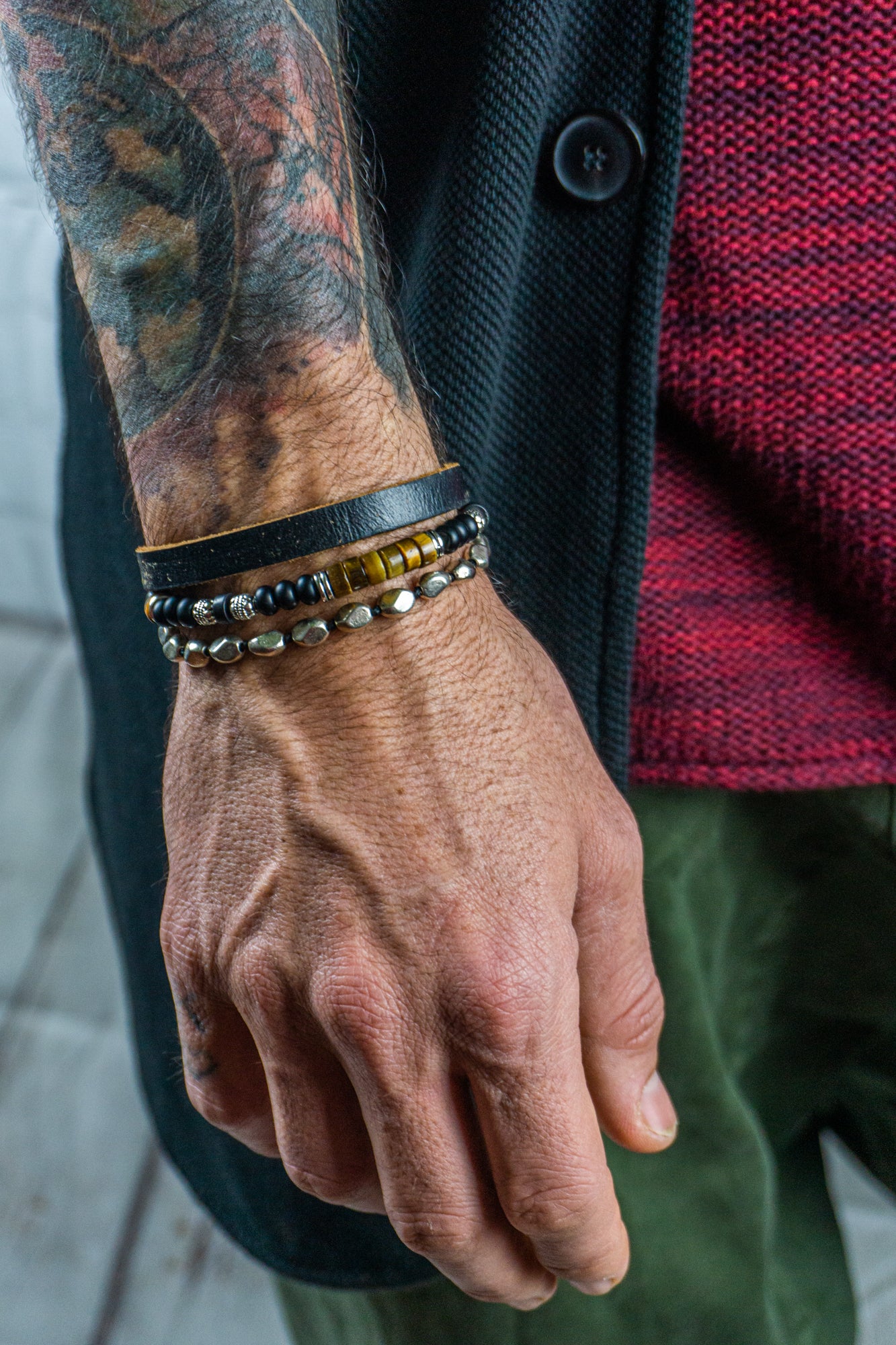 Luxury Men's Bracelet Set Natural Tiger Eye & Black Onyx Beads | Jfm, 6.7 (17cm)