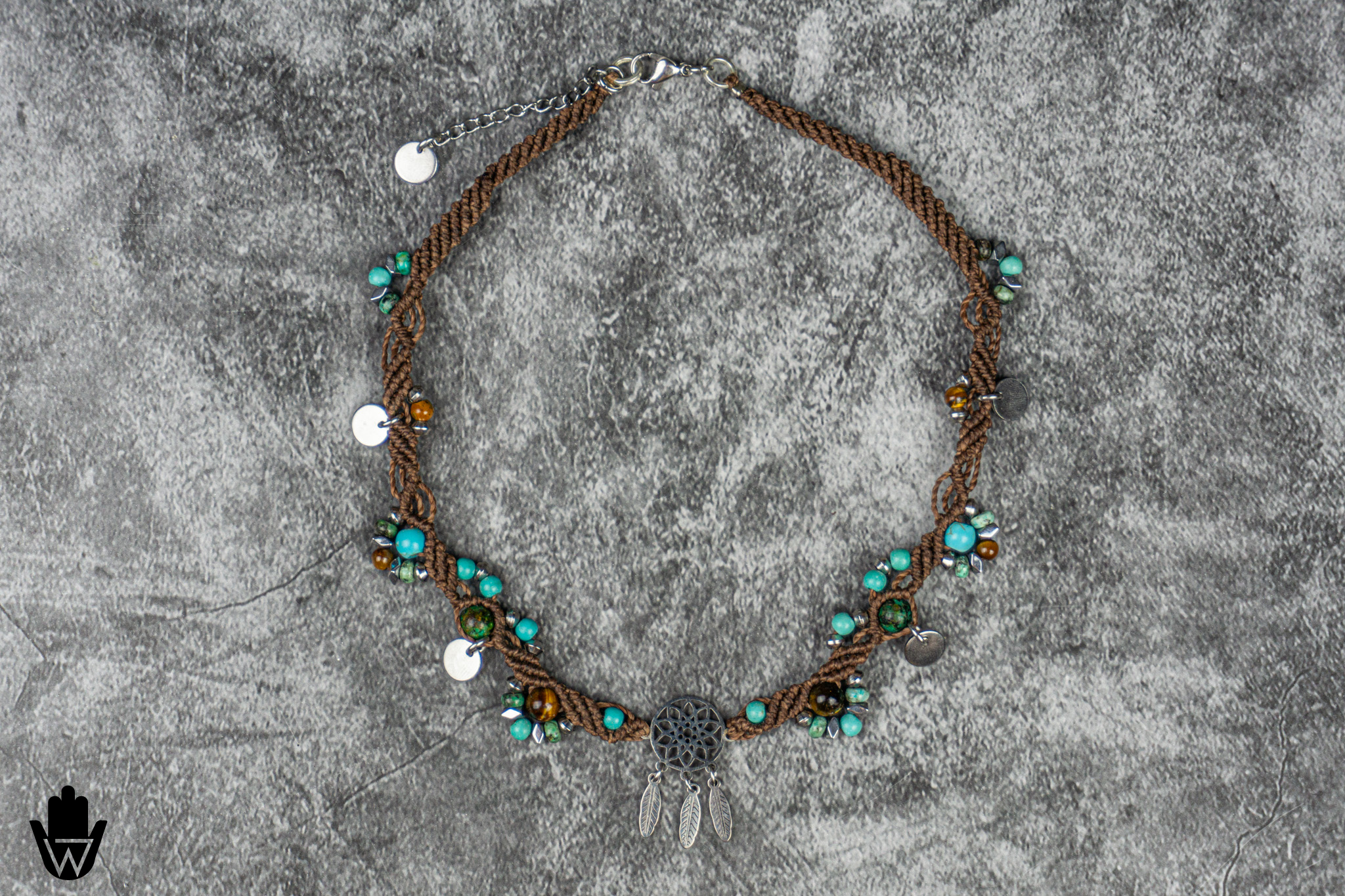 macrame choker necklace with dreamcatcher and gemstones- wander jewellery