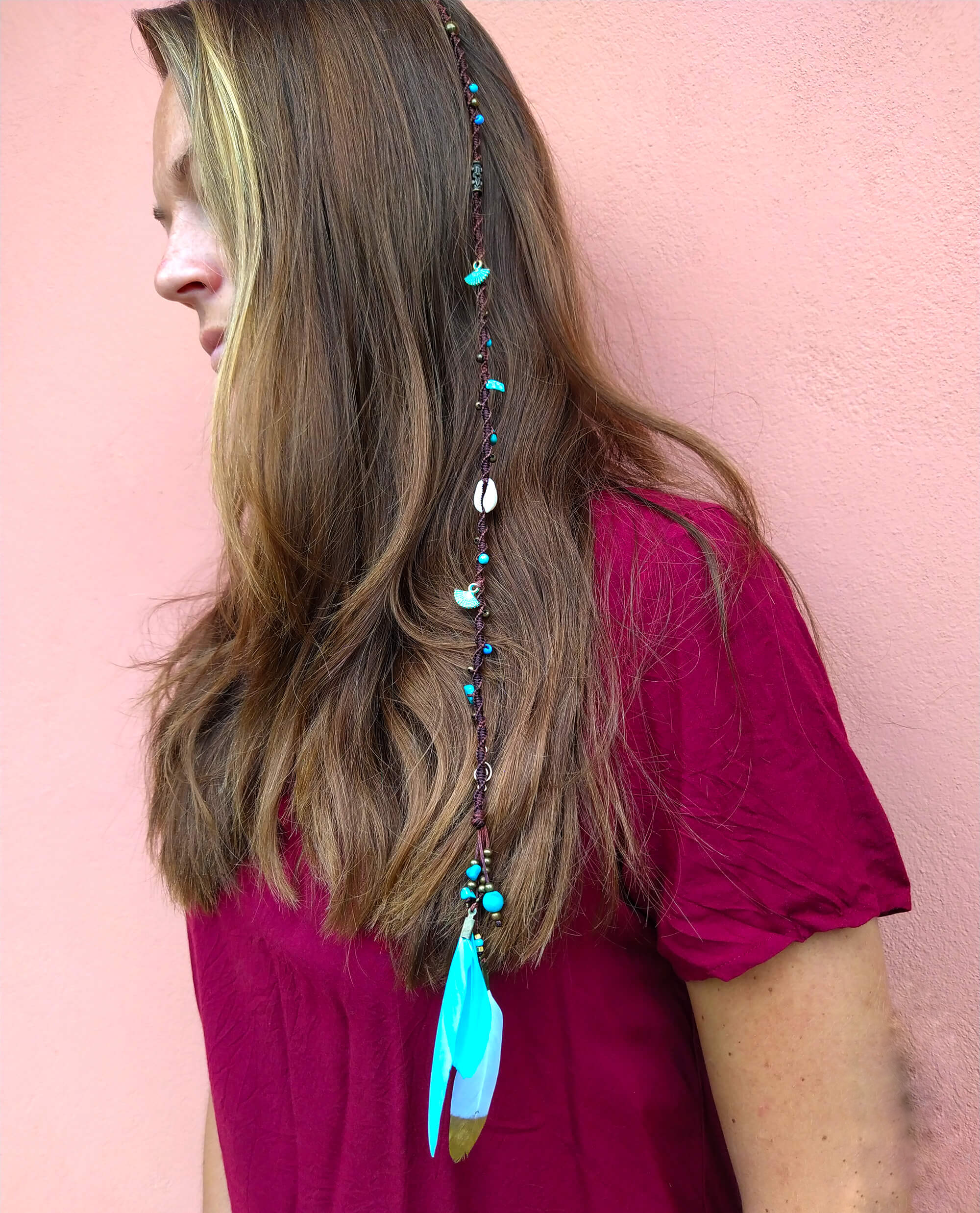 womens macrame woven hair wrap with turquoise feathers and beads- wander jewellery