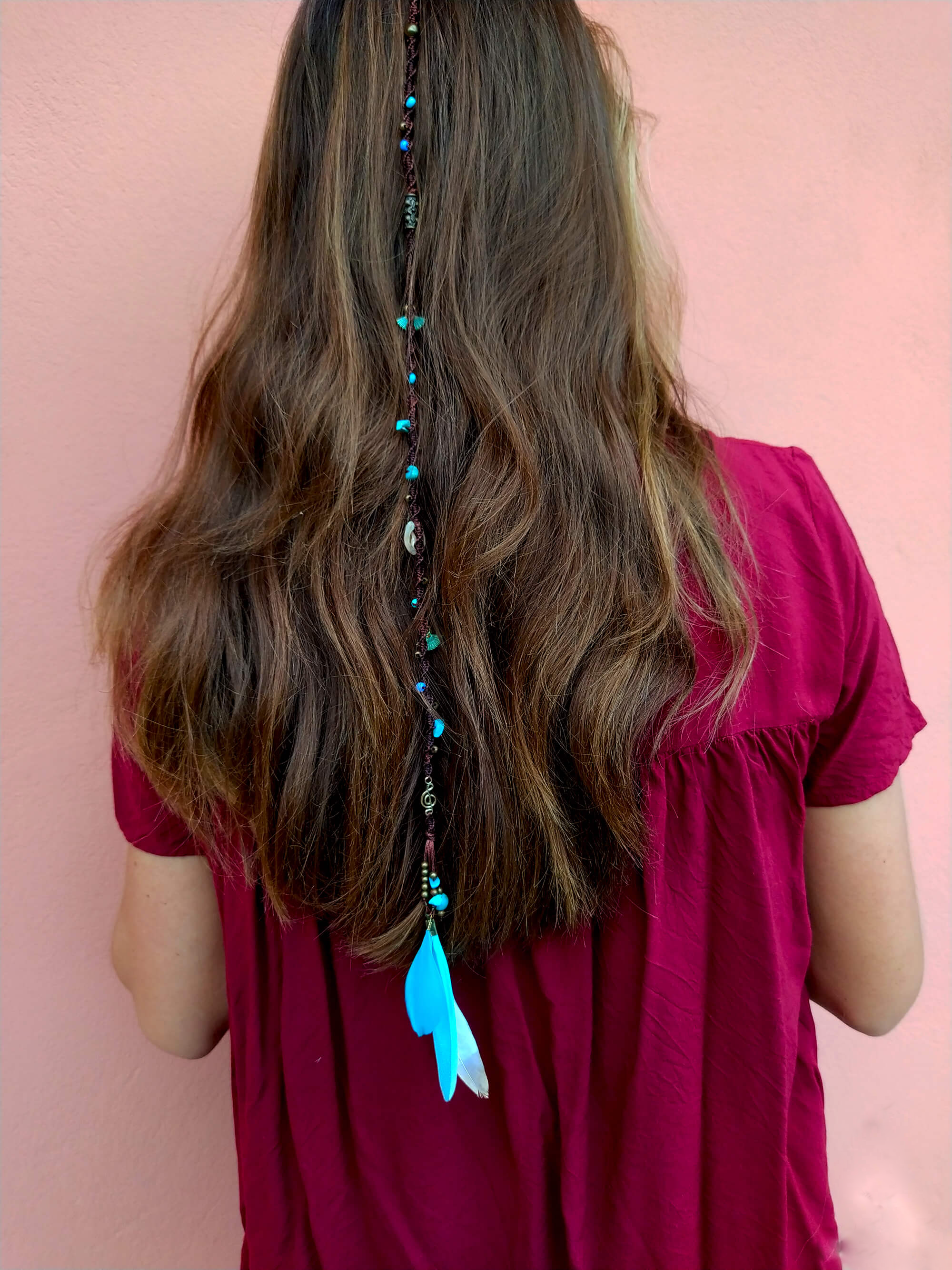 womens brown macrame hair wrap with turquoise feathers and beads- wander jewellery
