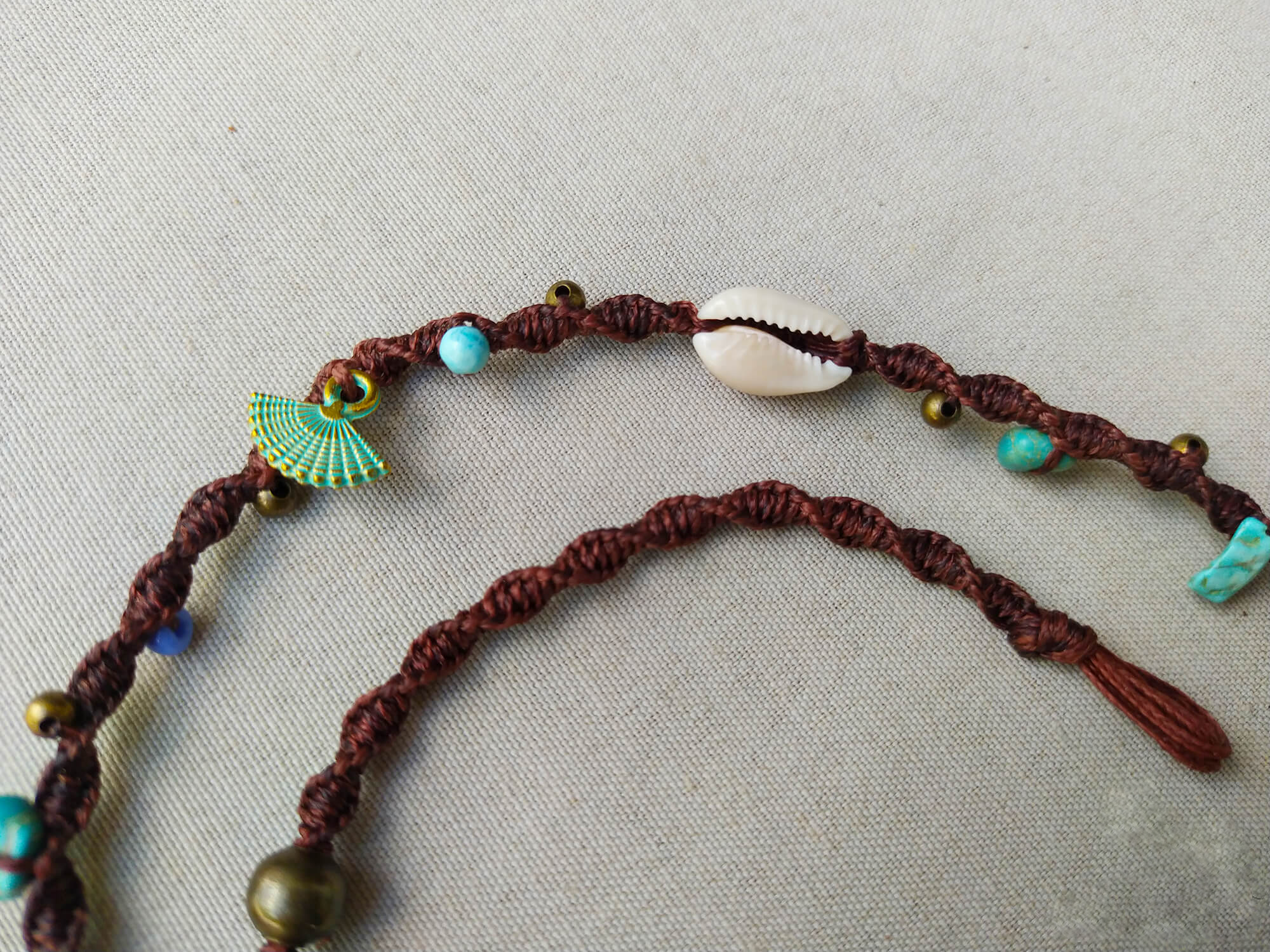 brown macrame woven hair wrap with turquoise beads and seashell- wander jewellery