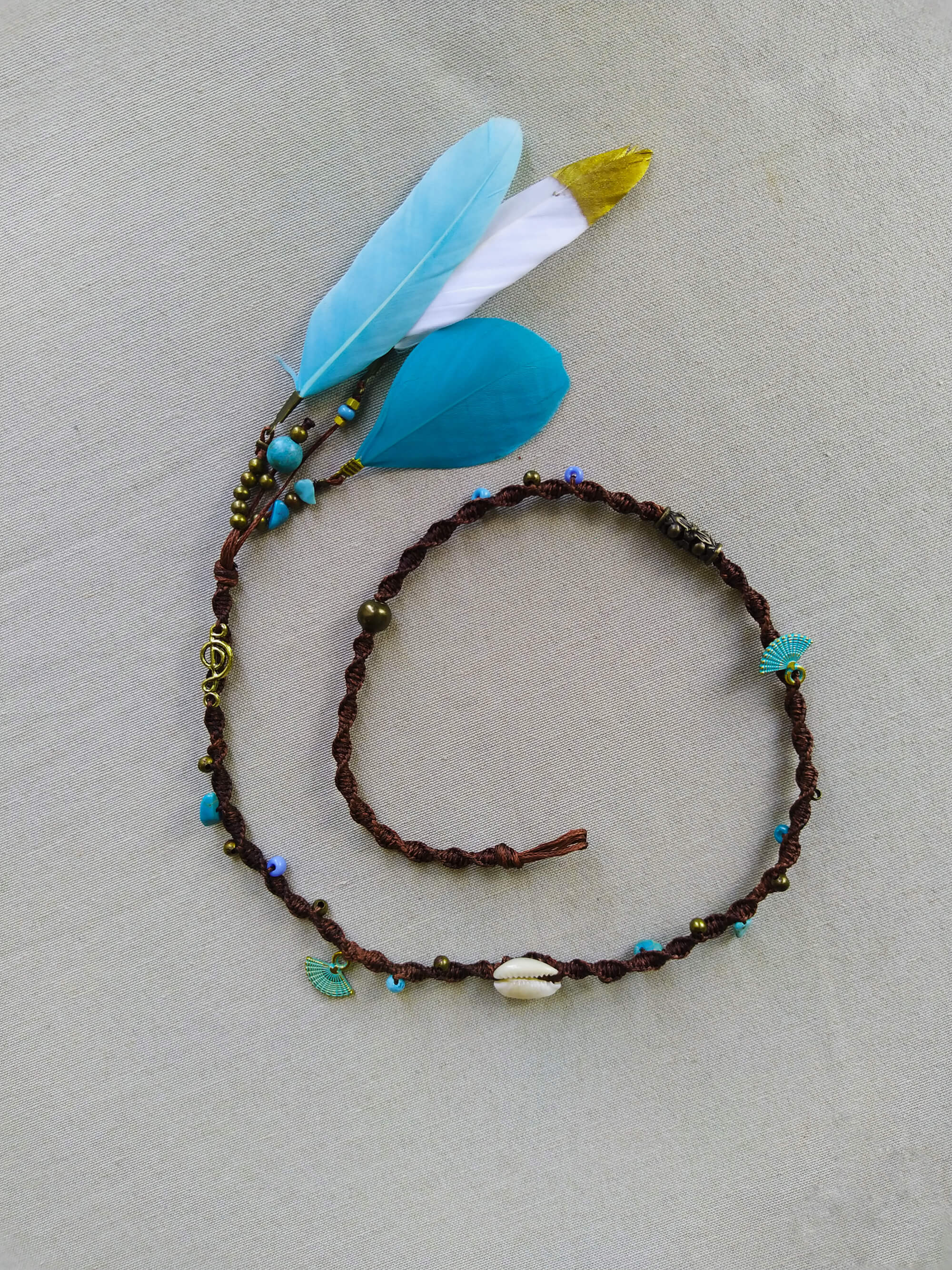 brown macrame woven hair wrap with turquoise feathers and beads- wander jewellery