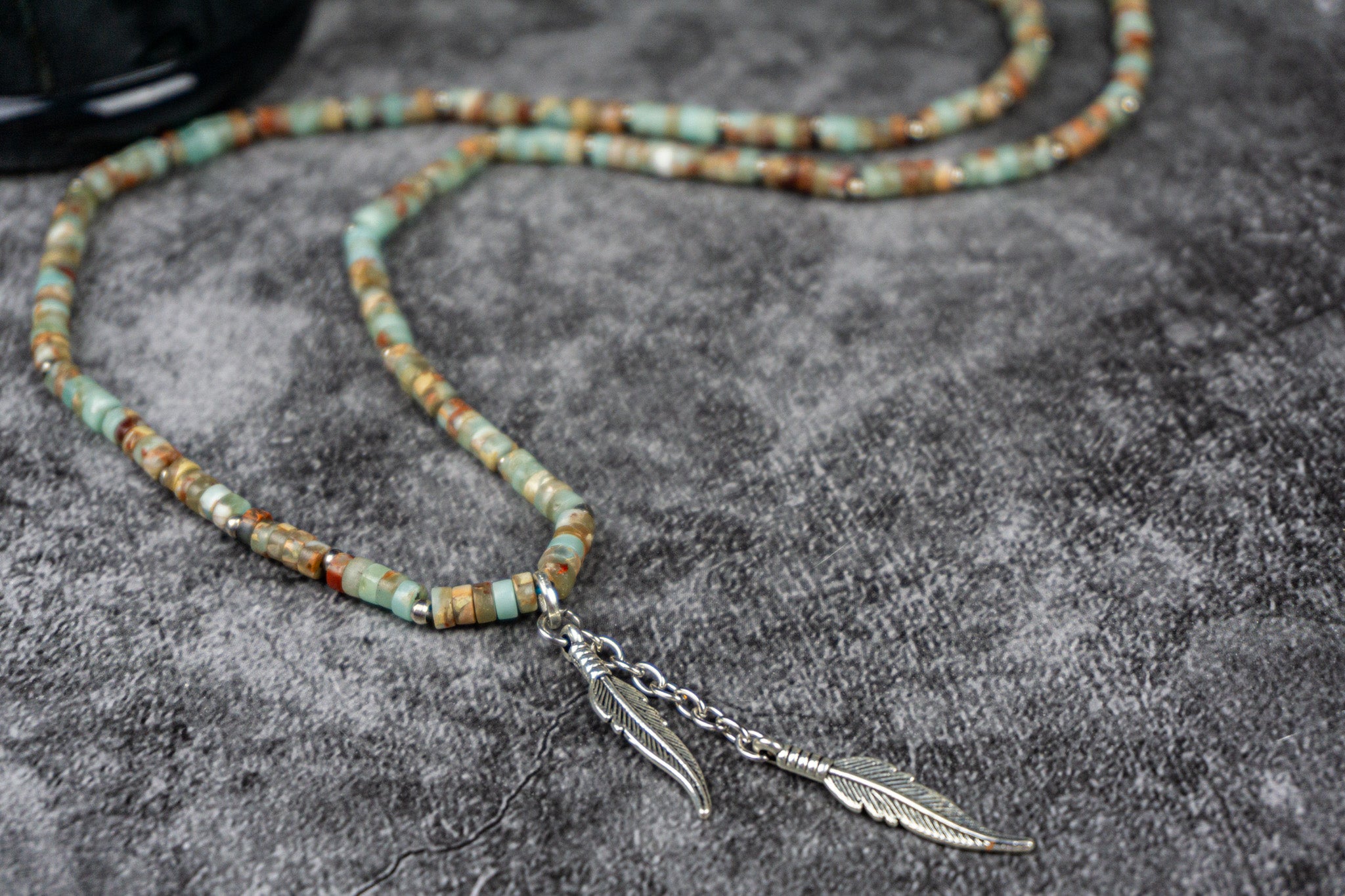 long heishi bead  gemstone necklace with silver feathers charms- wander jewelley