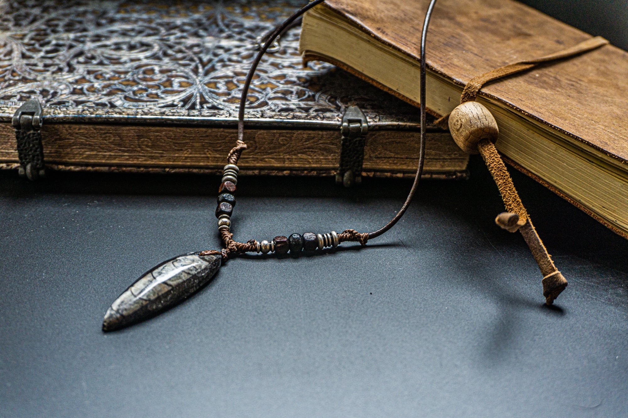 Orthoceras Fossil Stone leather Pendand Necklace- wander jewellery