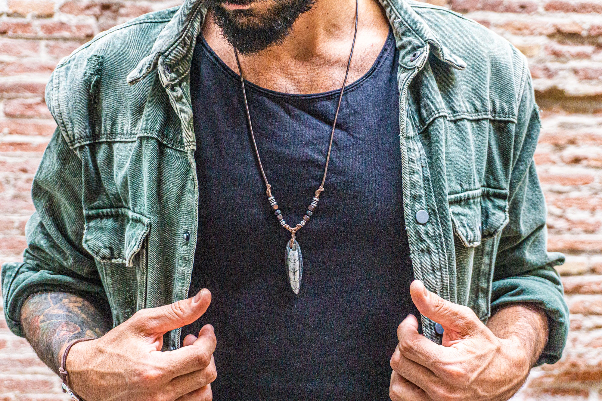 mens Orthoceras Fossil Stone leather Pendand Necklace- wander jewellery
