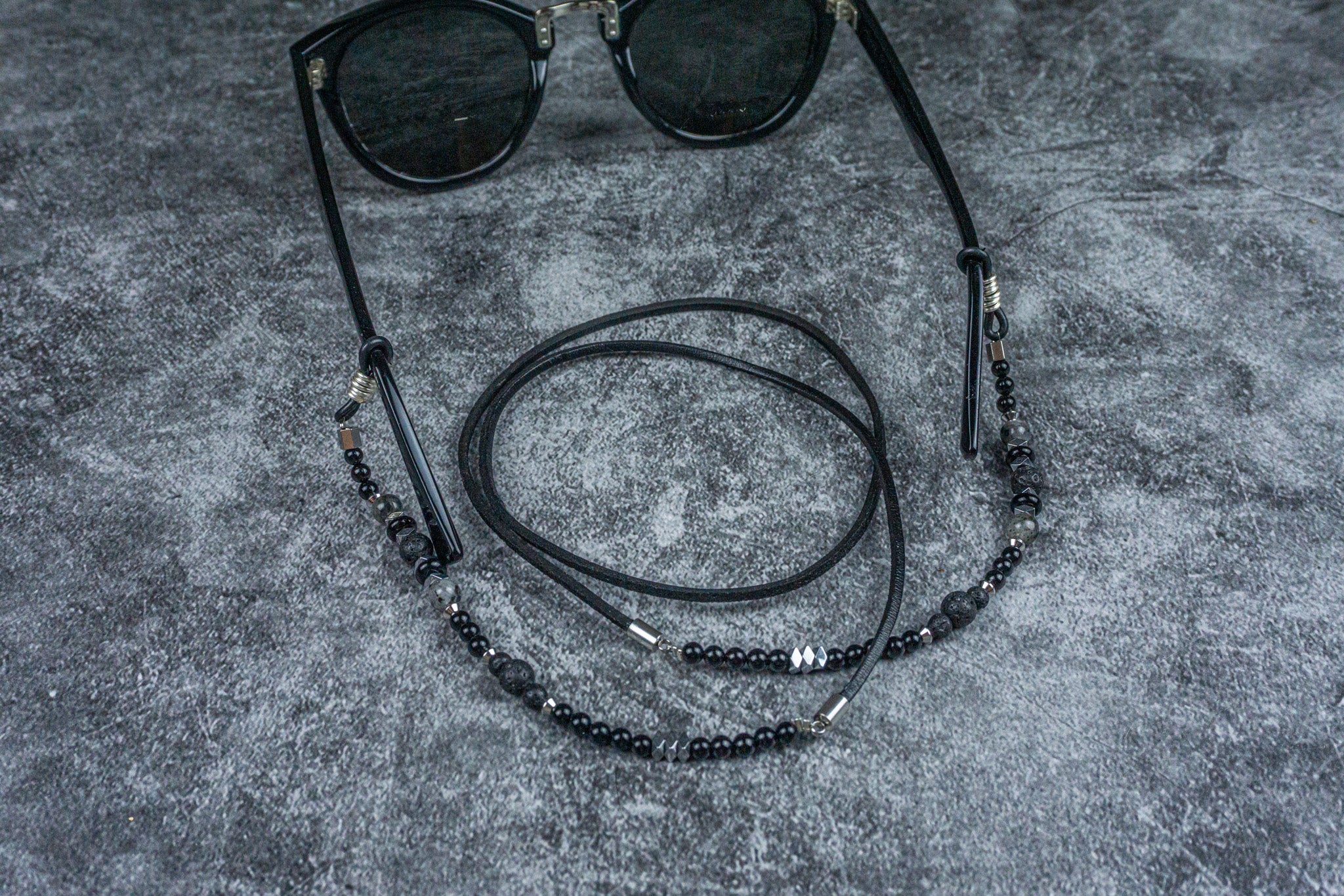 black leather and onyx labradorite and lava stone gemstone beaded sunglasses chain- wander jewellery