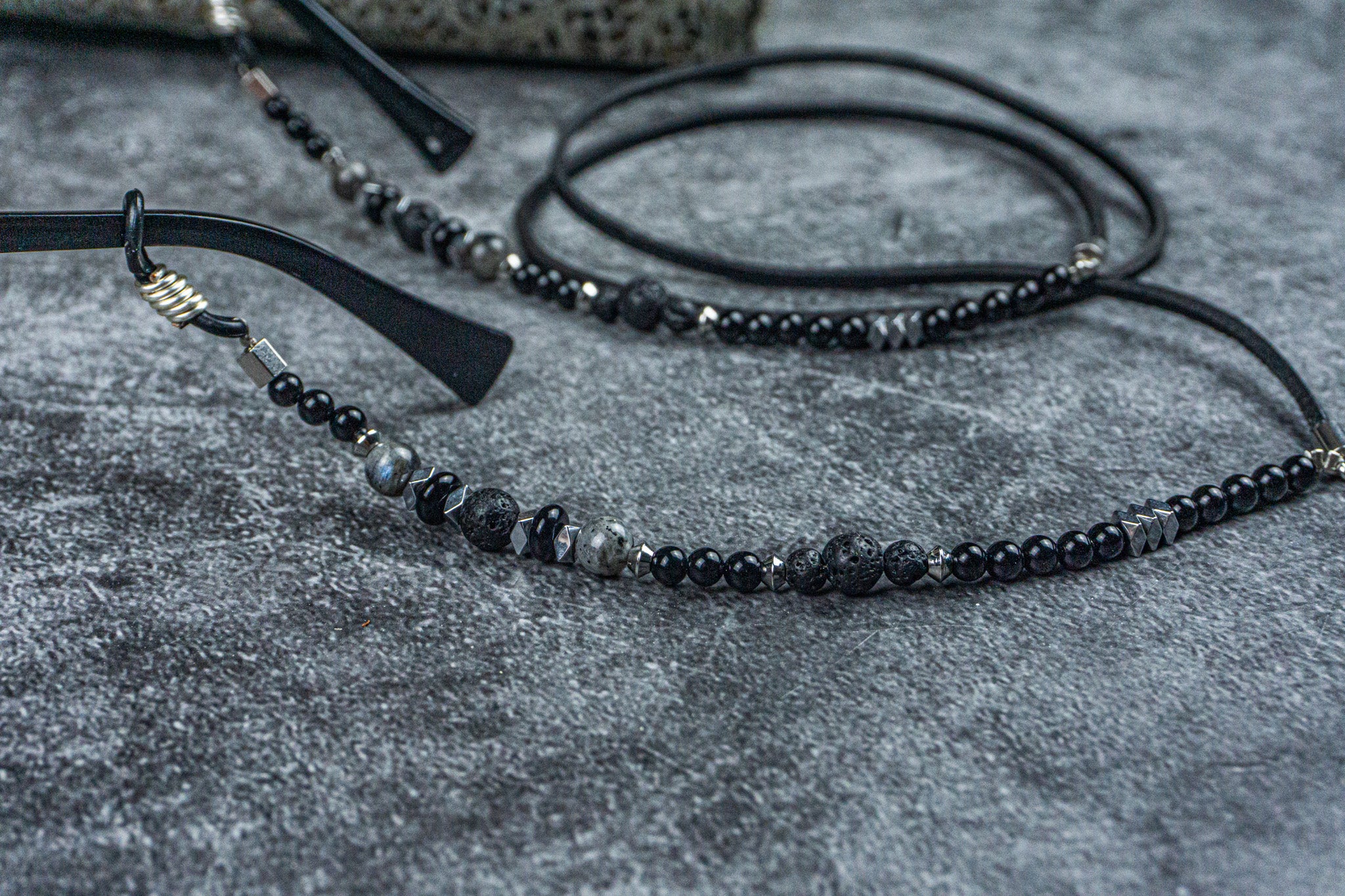 leather and onyx labradorite and lava stone gemstone beaded sunglasses chain- wander jewellery